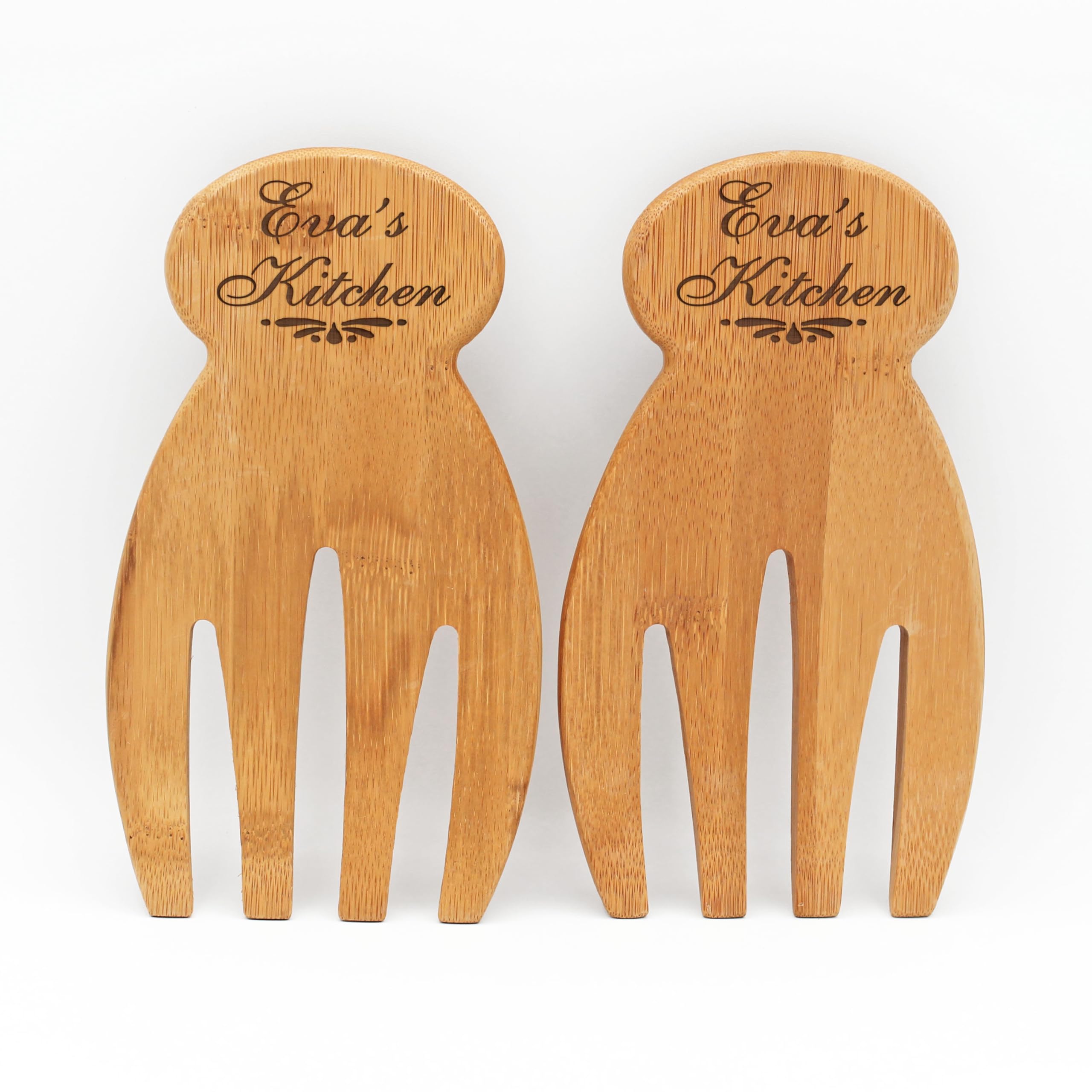 MYETCHEY Personalized Bamboo Salad Servers, Wooden Serving Hands, Set of 2, Personalized Kitchen Gifts (Eva's Kitchen)