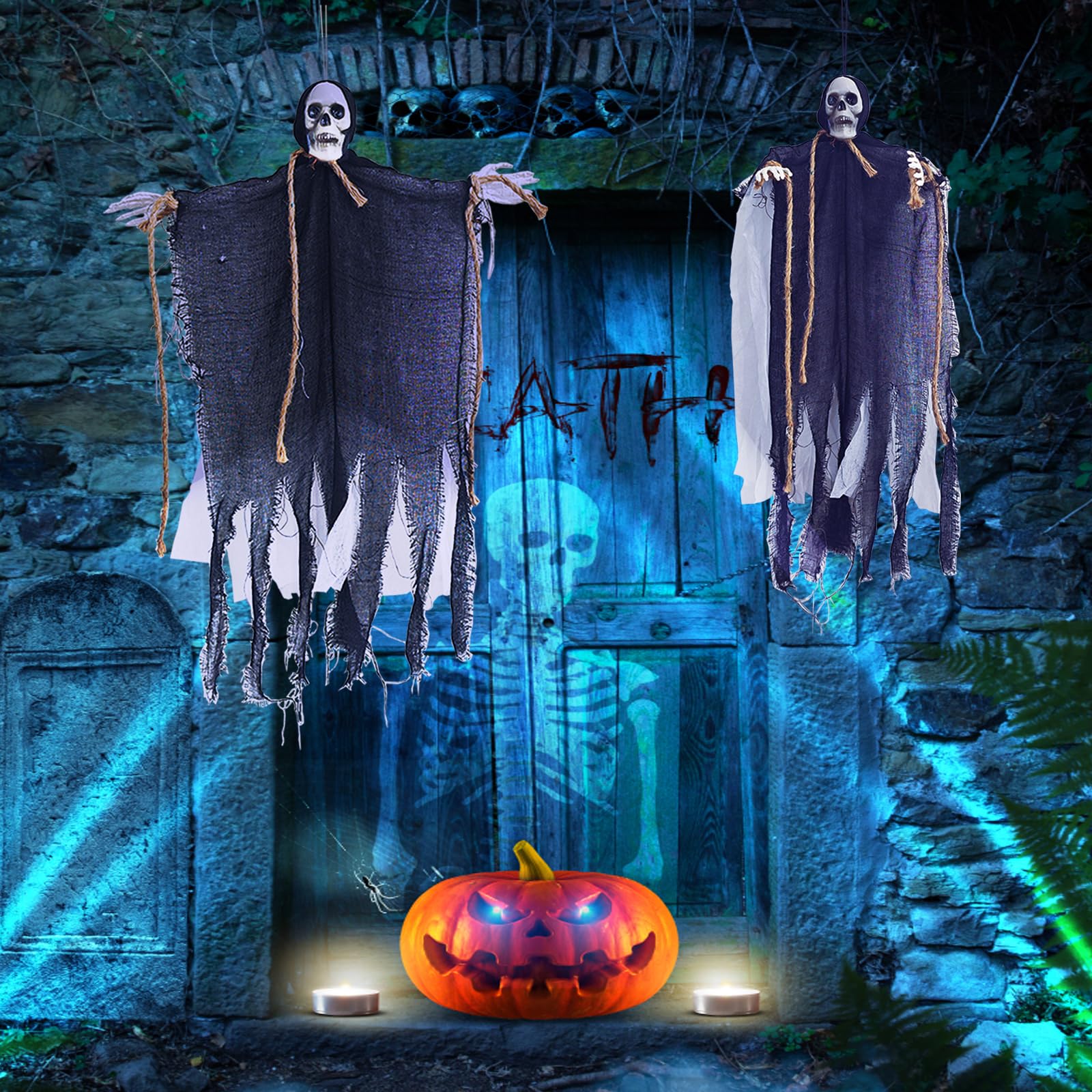 Decoración de fantasma colgante de Halloween, decoración de árbol fantasma de esqueleto, bata negra
