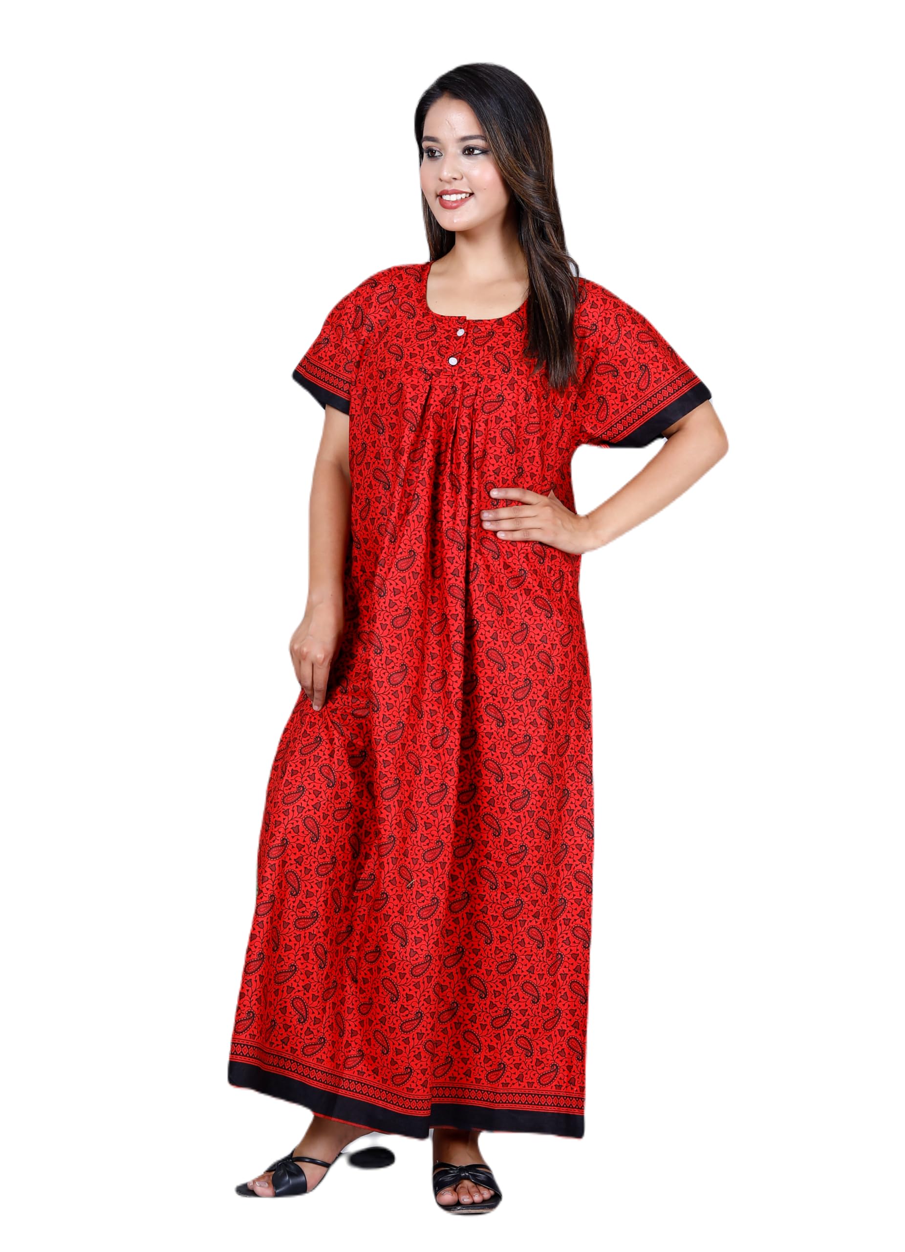 Maya printWomen's Cotton Full Open/Front Buttoned Multipurpose Nighty for Pregnancy/Patient/Feeding/Hospital Purpose Nighty Jaipuri (RED1, 1)