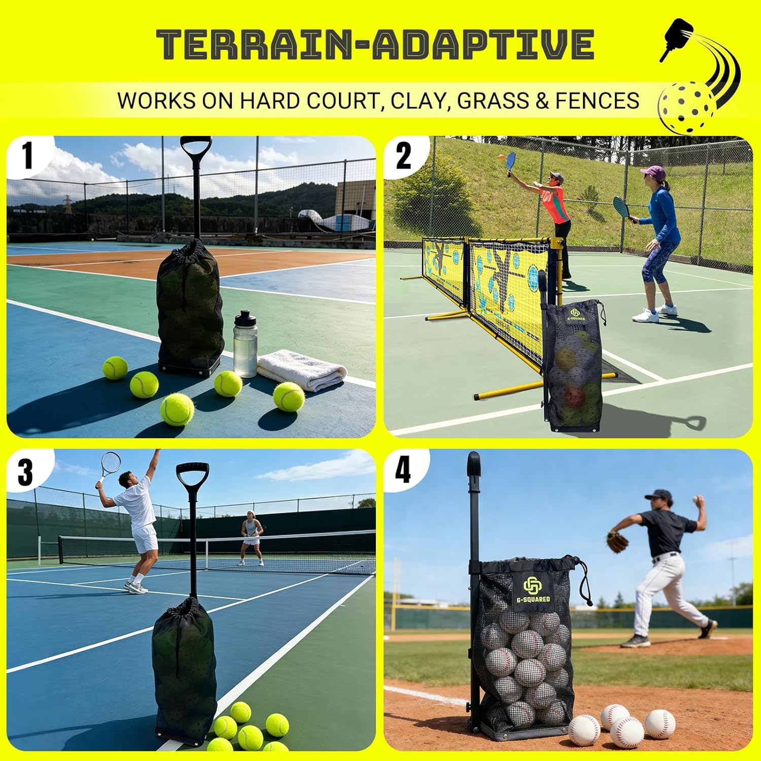 Lightweight Tennis Ball Hopper – Holds 50+ Tennis Balls or 40+ Pickleballs | Durable Steel Frame | Portable Adjustable Ball Picker for Hard Court, Clay, Grass