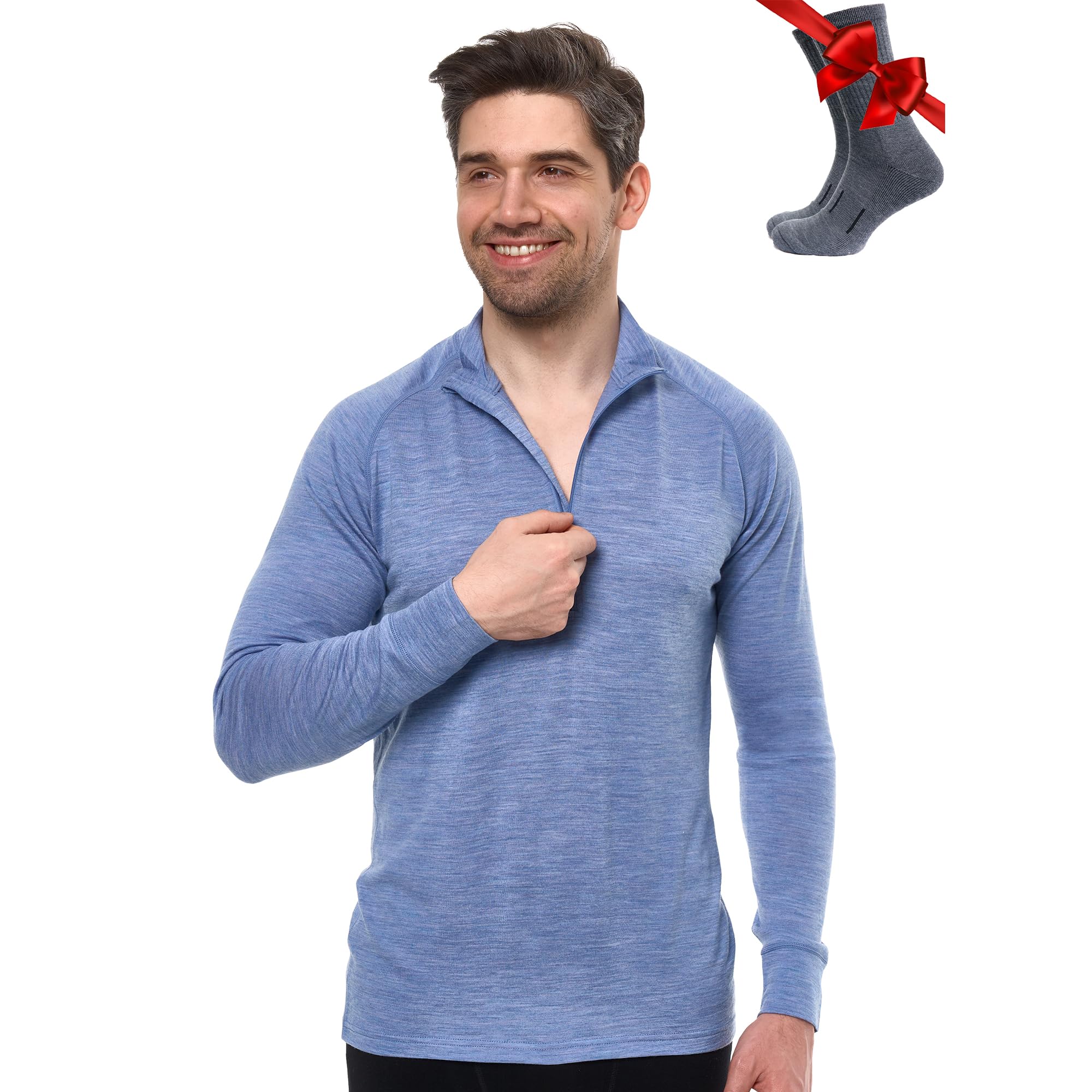 Merino Wool Base Layer Mens - Wool Half Zip Sweater Men - Merino Quarter Zip Sweater Lite, Midweight, Heavyweight and Socks, 165 Deep Blue, Large-image-32