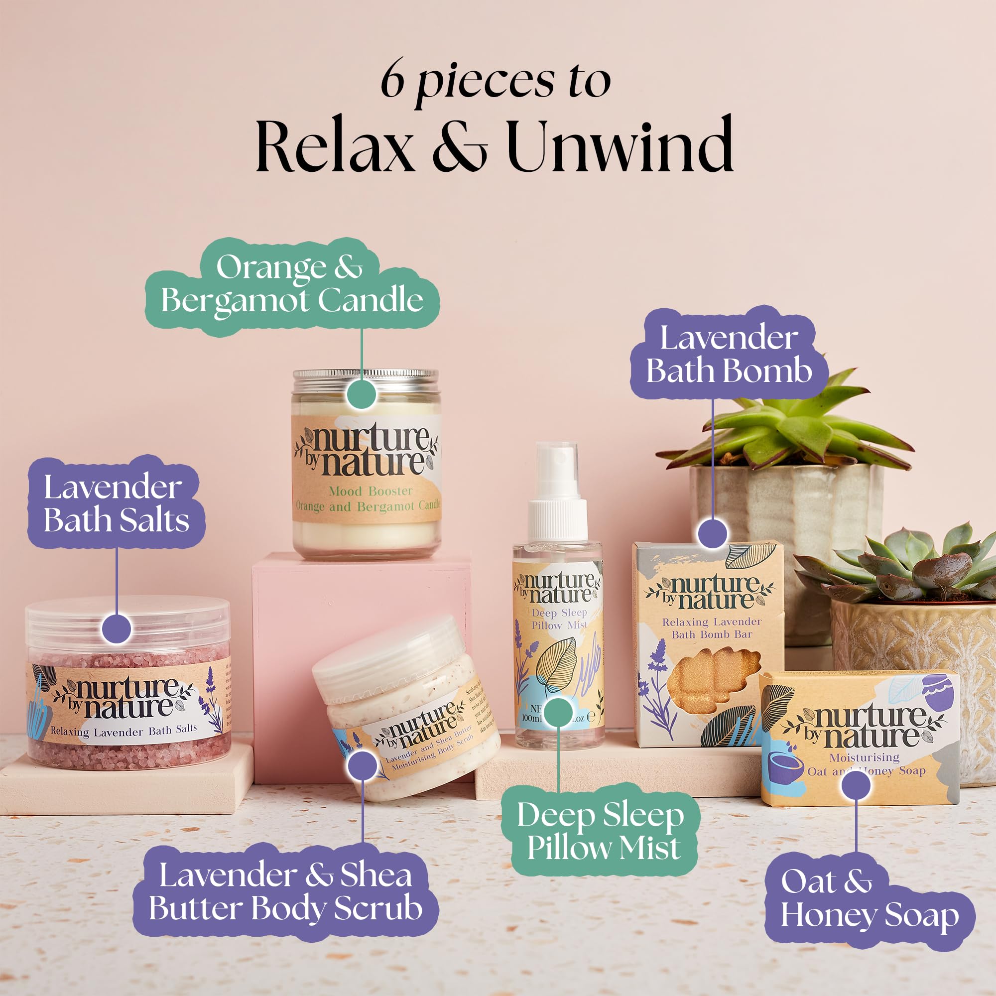 Nurture by Nature Spa Gifts for Women - Mothers Day Gifts for Mom, Self Care Gift Set & Spa Gift Basket for Women, 6 Piece Bath Set with Candle, Bath Bomb, Salts & Pillow Spray - Relaxation Gifts