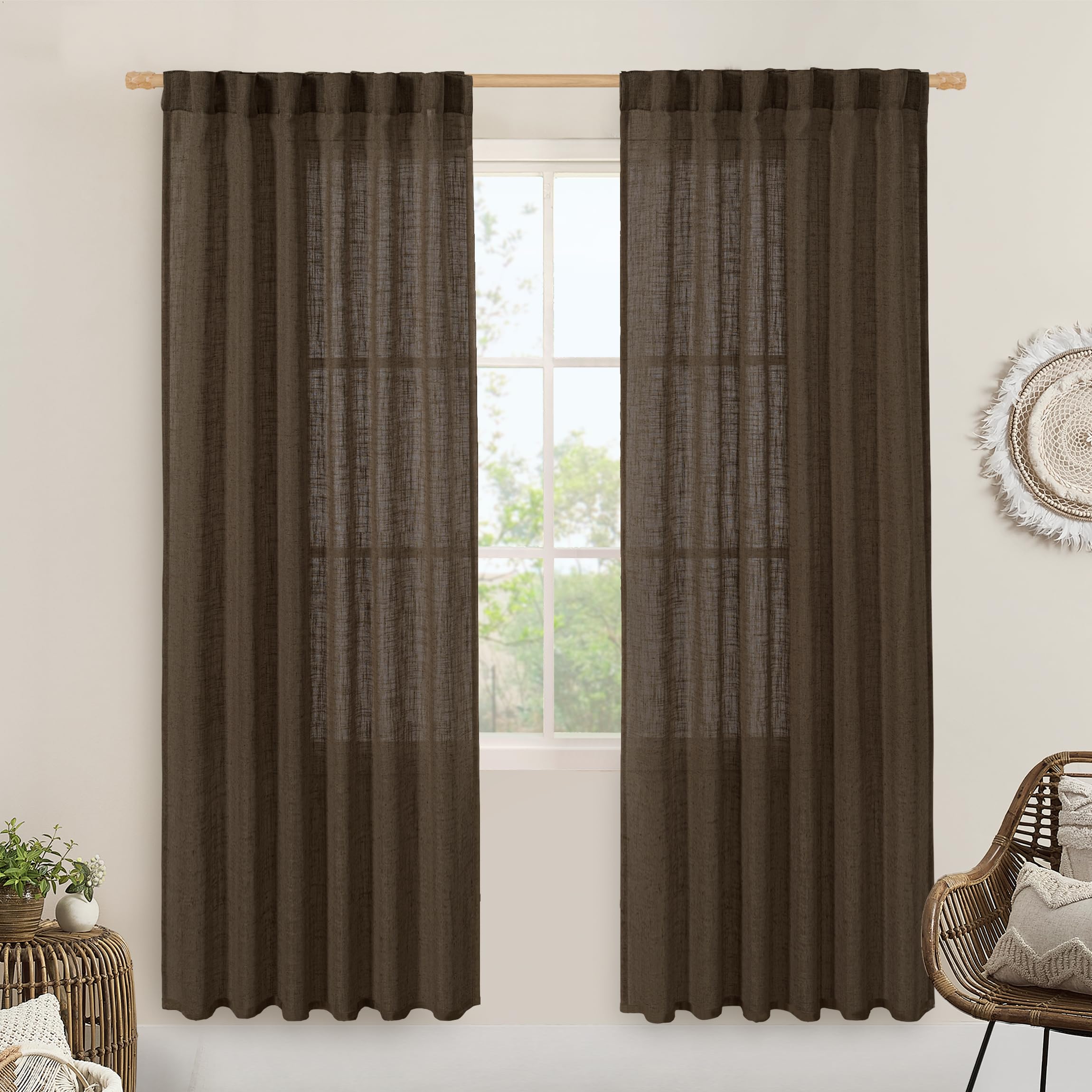 LAMIT Dark Brown 78 inch Linen Curtains for Living Room 2 Panels, Linen Textured Light Filtering Semi Sheer Back Tab and Rod Pocket Curtain Panels for Bedroom/Farmhouse, 52 x 78 Inch