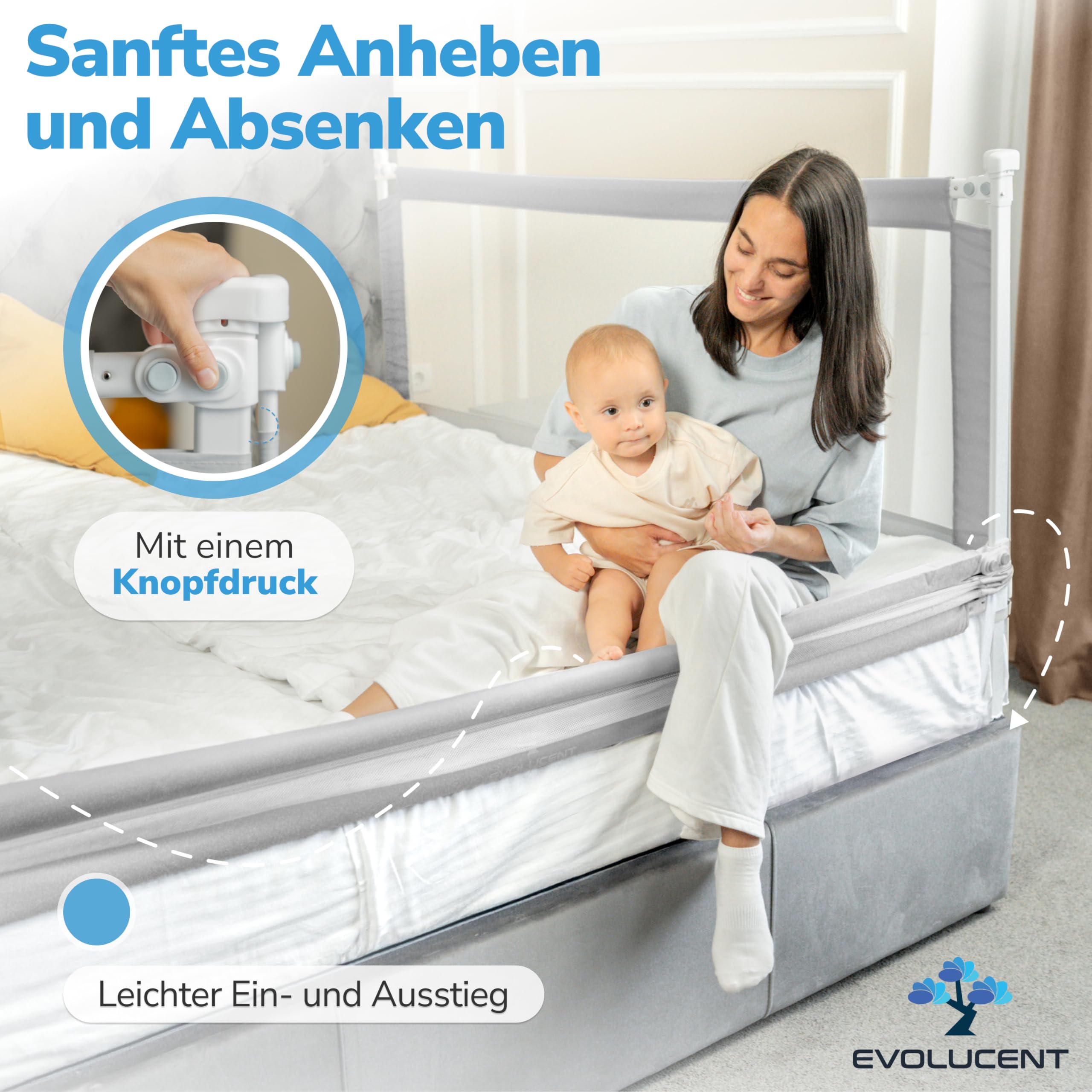 EVOLUCENT Bettgitter 200cm | Stabil ohne Verschrauben | Rausfallschutz für Boxspringbett und Elternbett | Bettschutzgitter mit Klett- und Klickgurten | Waschbares Mesh [1 Seitenteil]