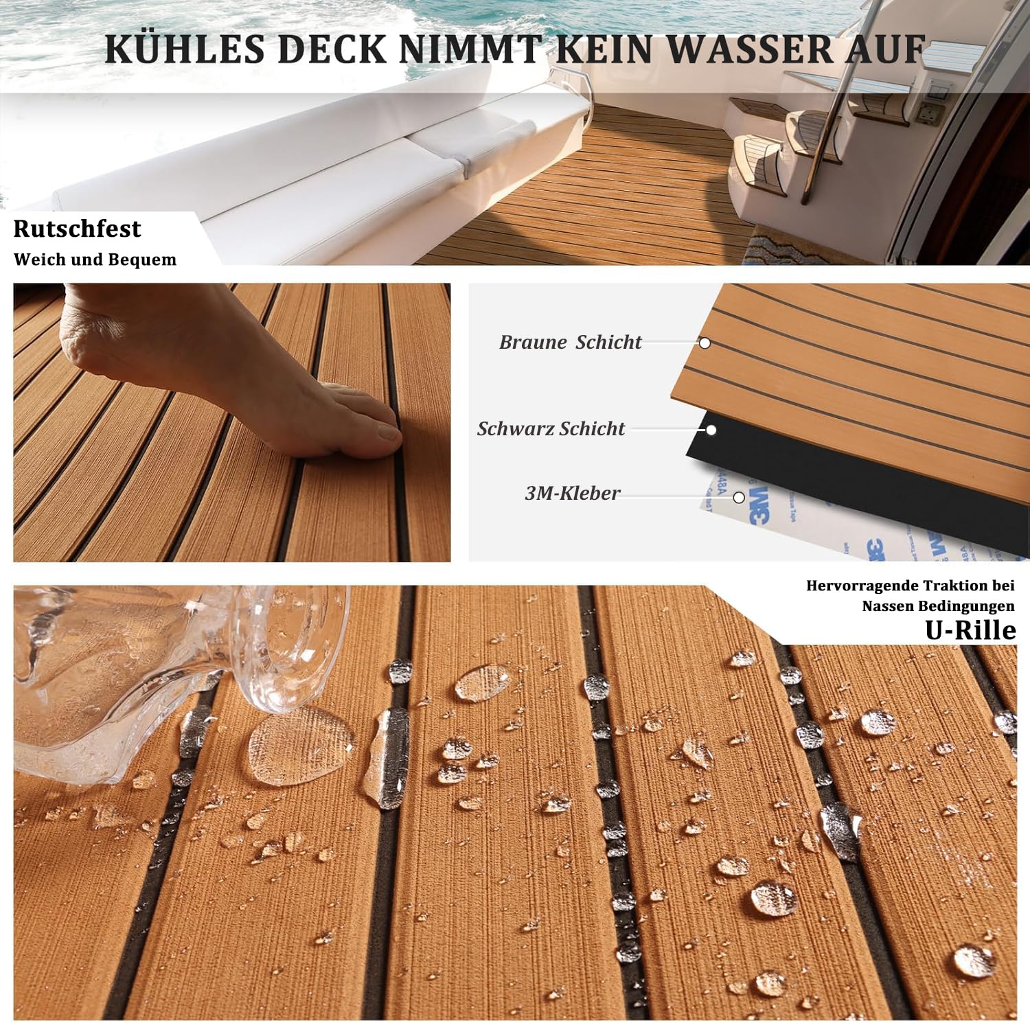 HXBYX Eva Schaum Boot Bodenbelag mit 3M Selbstklebende Unterstützung DIY Boote Decking Marine Blatt Faux Teak Material, rutschfeste Kühler Pads für Kajak Yacht SwimPool RV 240X112cm/240X79cm/240X41cm
