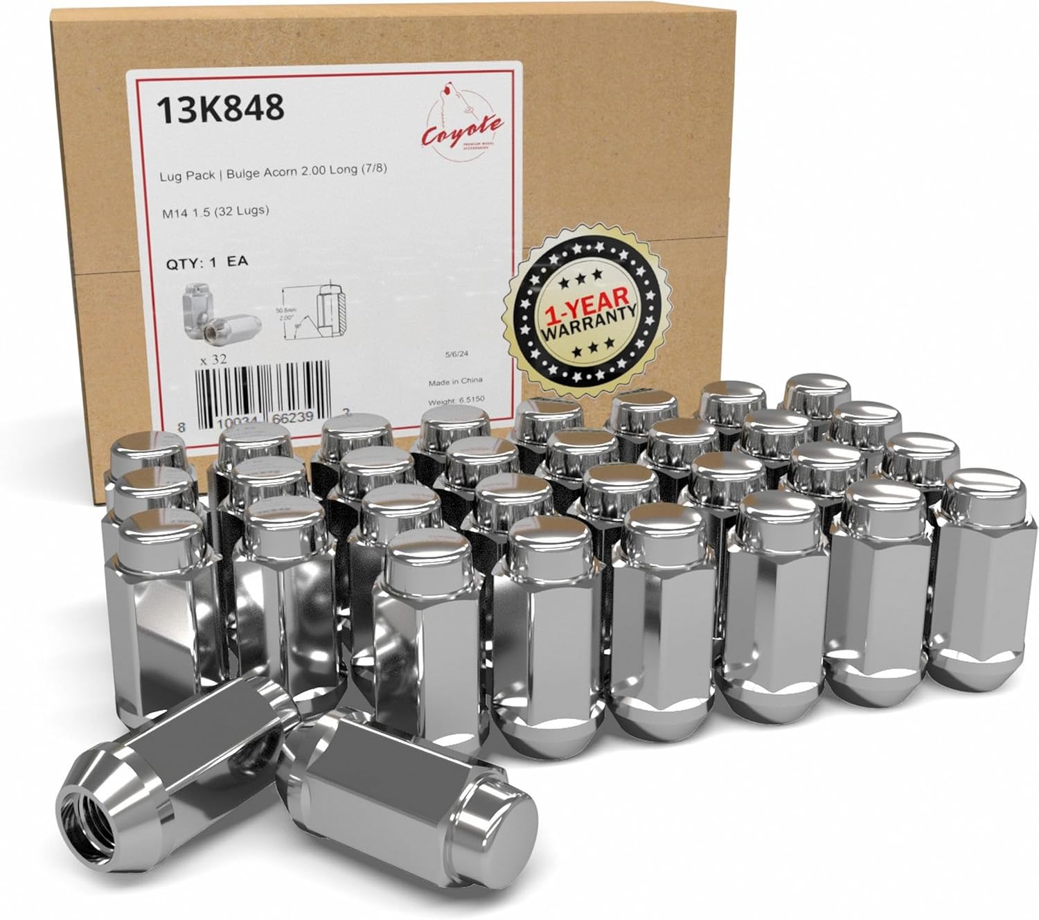 Wheel Accessories Parts 32 Pcs M14x1.5 14x1.5 Thread Bulge Acorn 2.00" Long Lug Nuts Chrome 22mm 7/8" Hex Fits Chevrolet Silverado GMC Sierra 2500 3500 | Ford F250 F350 | Ram 2500 3500