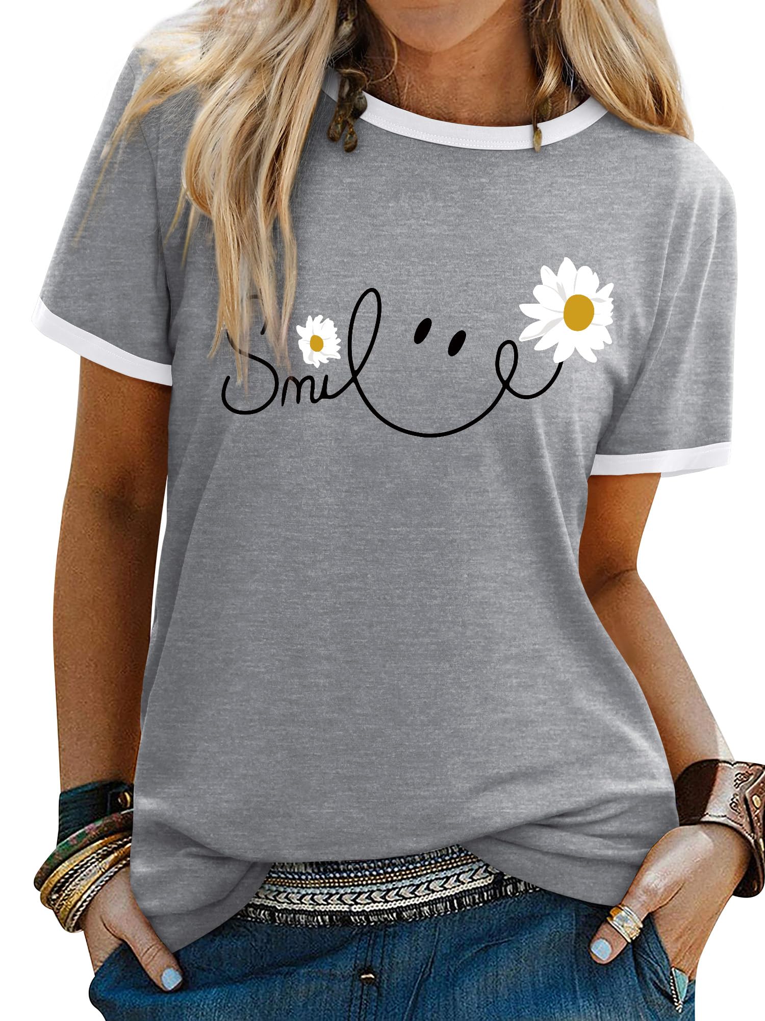 Yihelian Tshirts Frauen Rundhals Top Damen Daisy Print Kurzarm Tee Shirt Sommer Lächeln Brief Gedruckt Shirts
