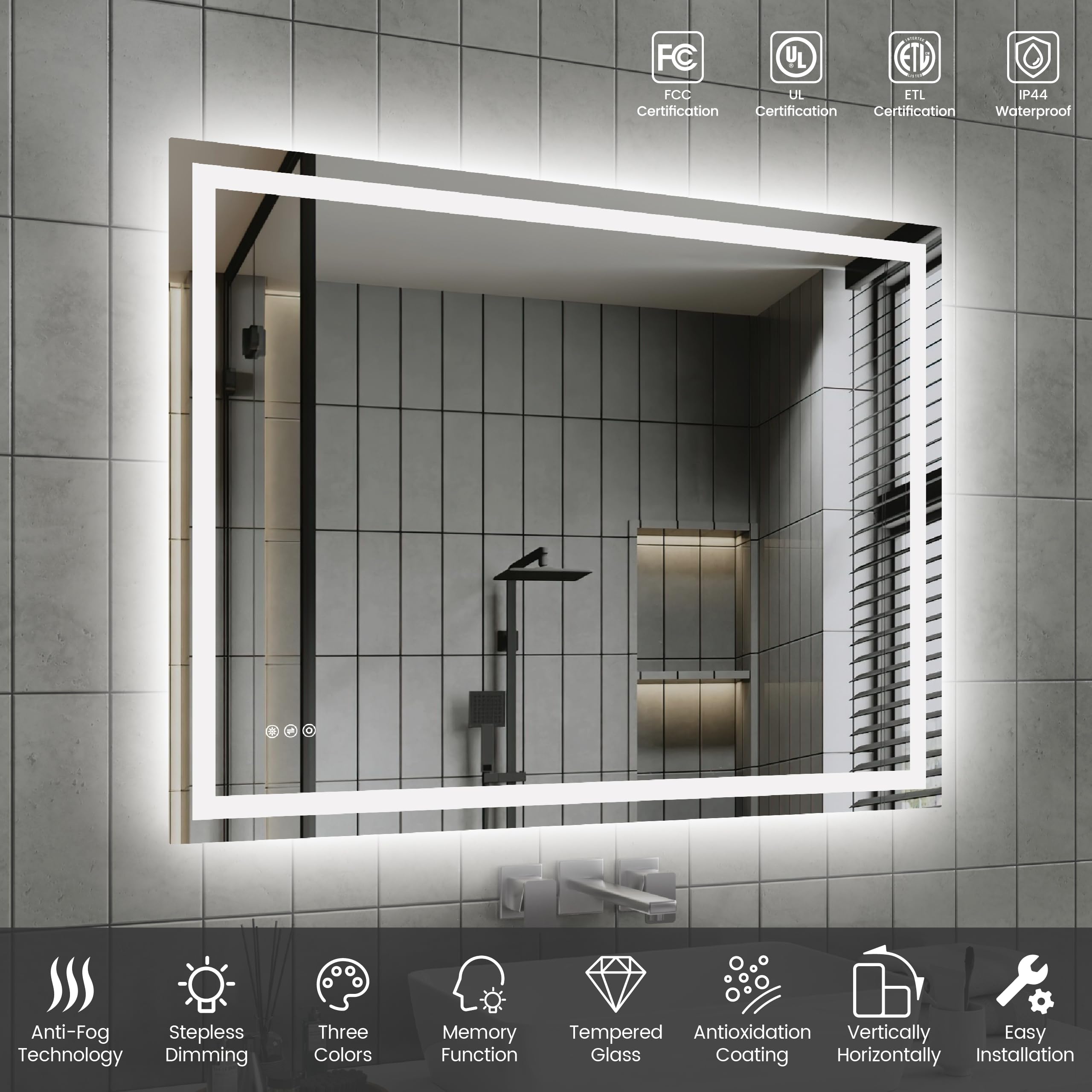 ImageYou 48X36 Inch LED Bathroom Mirror with Lights, Dimmable, Anti-Fog, Front Lit, Lighted Vanity Mirror for Wall, Sand Matte White Finish, High-Definition Waterproof Glass, Memory Function