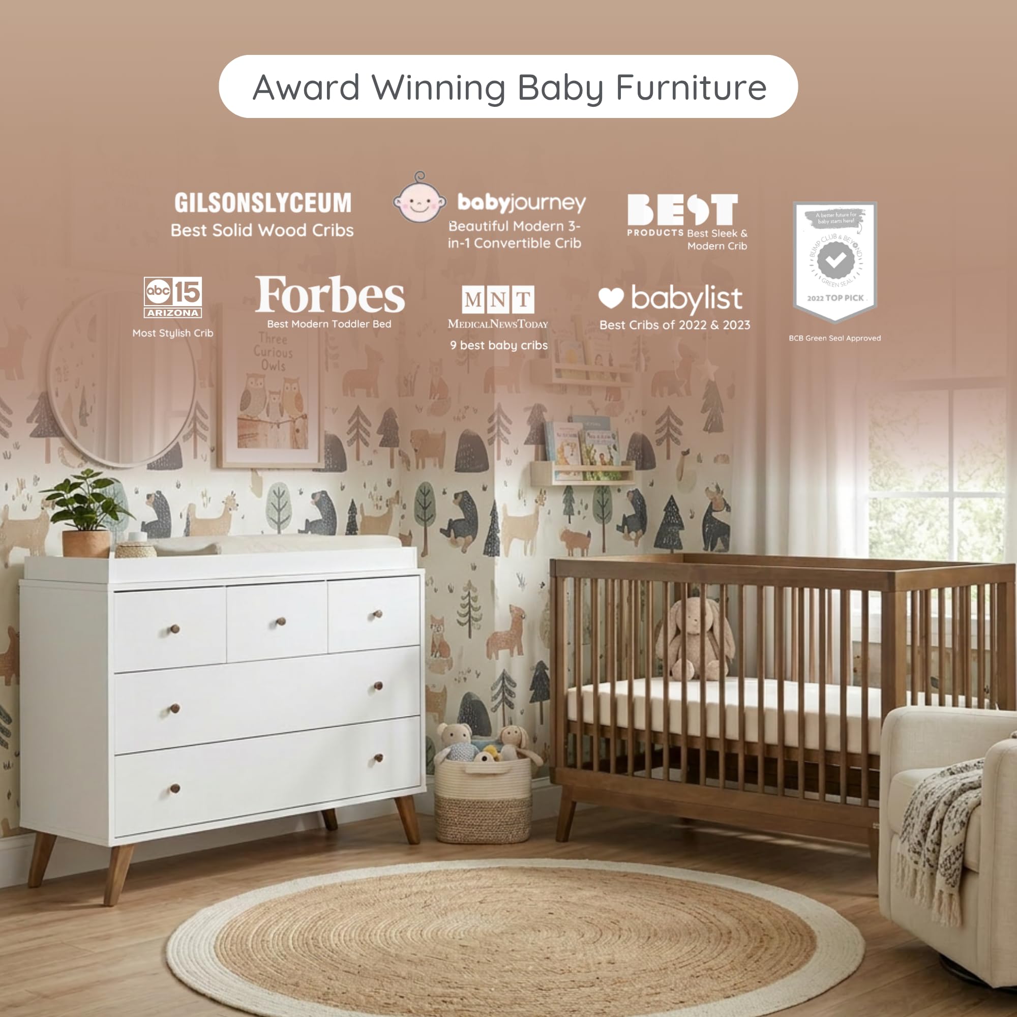 dadada Harmony Crib & Dresser Set Nursery Furniture Combo, White/Walnut