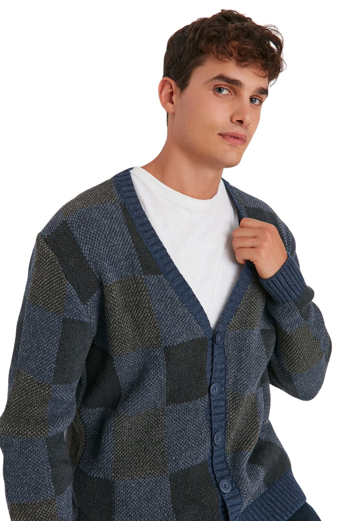 Trendyol Herren Indigo Strickjacke, Nor Passform, V-Ausschnitt, Strickwaren Pullover, S
