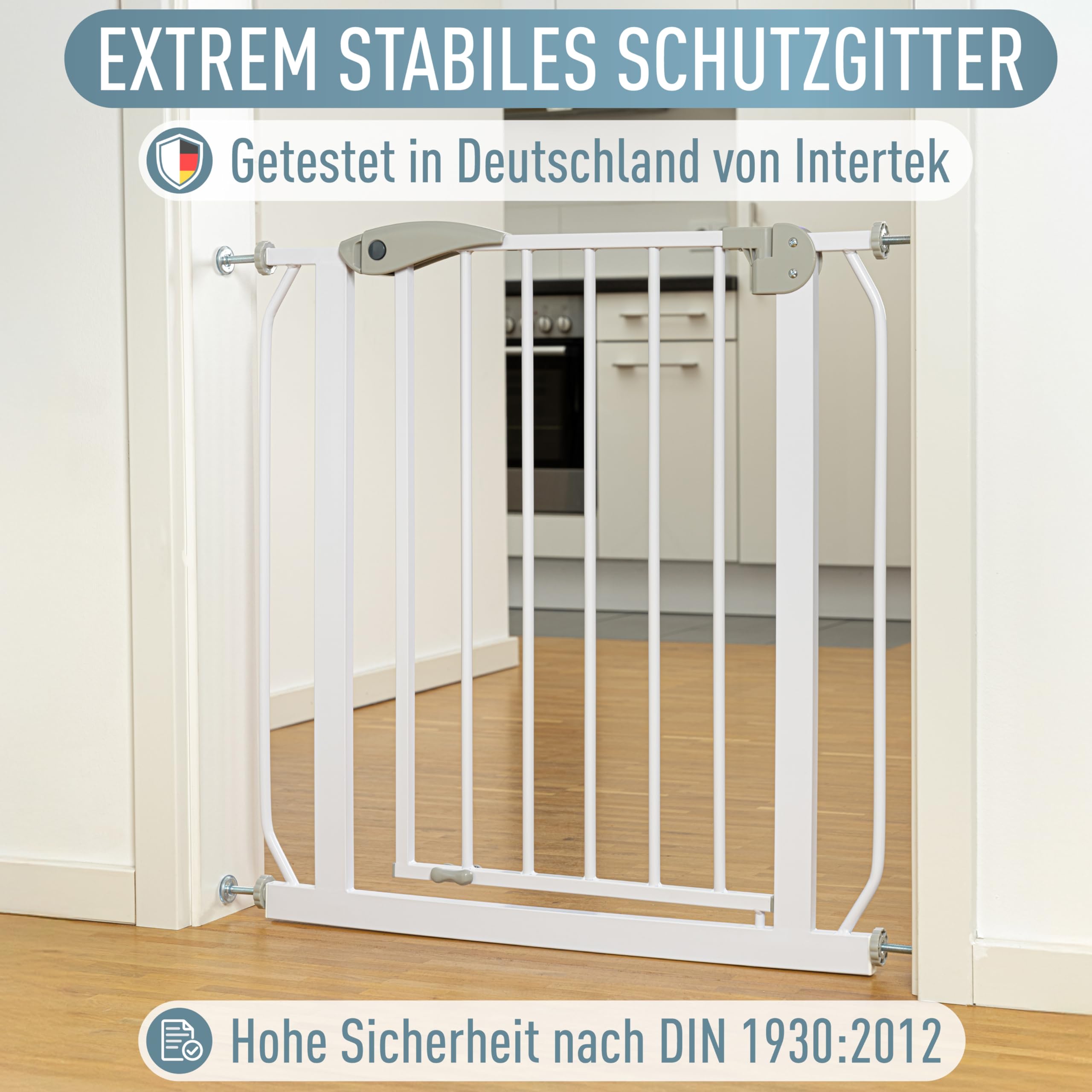 IB STYLE Türschutzgitter Berrin 95-105 cm - Treppenschutzgitter für Kinder, zum Klemmen, Gittertür, Ohne Bohren, Weiß Grau