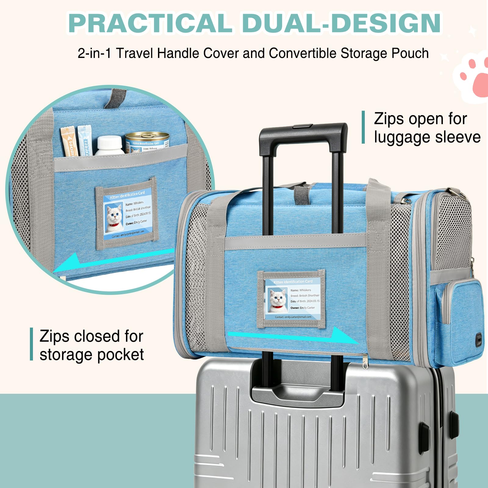 Katzentransportbox Flugzeugtauglich Hundebox Faltbar Weichseitige Transportbox Katze mit Innenleine Belüftung Katzentransporttasche für Reisen Auto Tierarzt bis 10kg (Himmelblau)