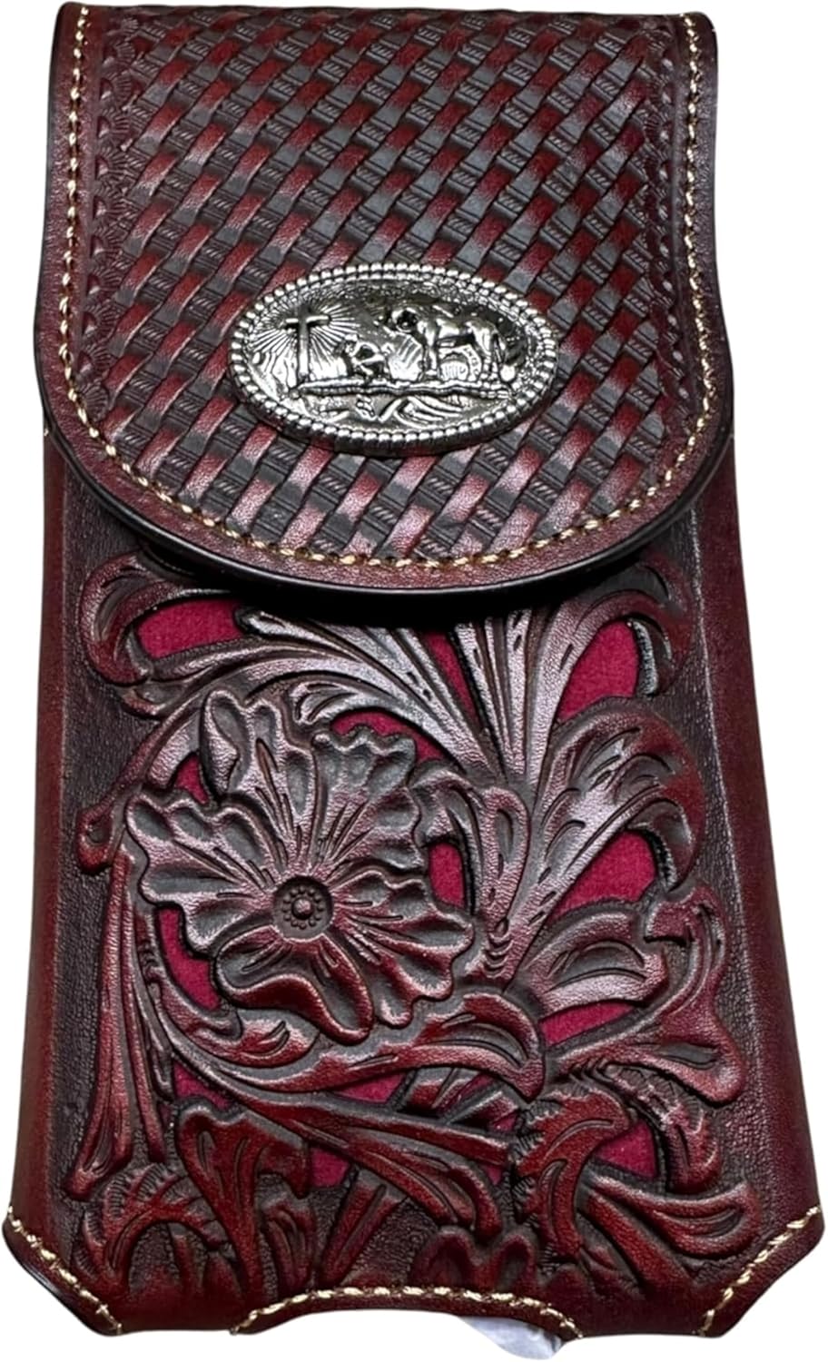 Cowboy Prayer Leather Holster Brown & Red 7" Western Leather Phone Pouch Handmade Craft Style with Metal Concho Item by Egifthome USA Item# EH12687, Size 7" L x 4" W x 1" h