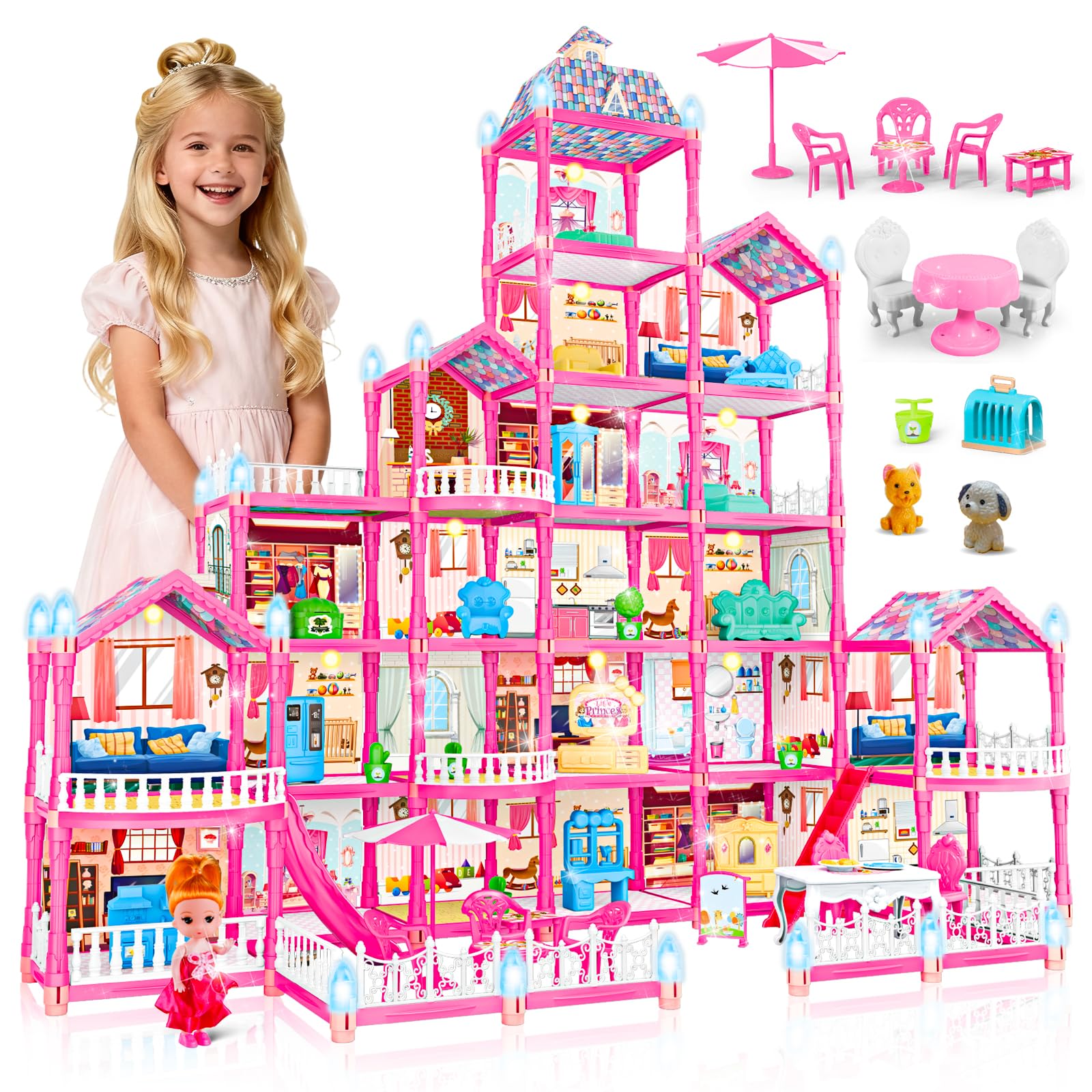 Rongmeiz 6-Story Doll House Large DIY Playhouse for Girls, Little Girl Dream House with Furniture, Little Dog Toy, 2 Princess Figures and Slide,