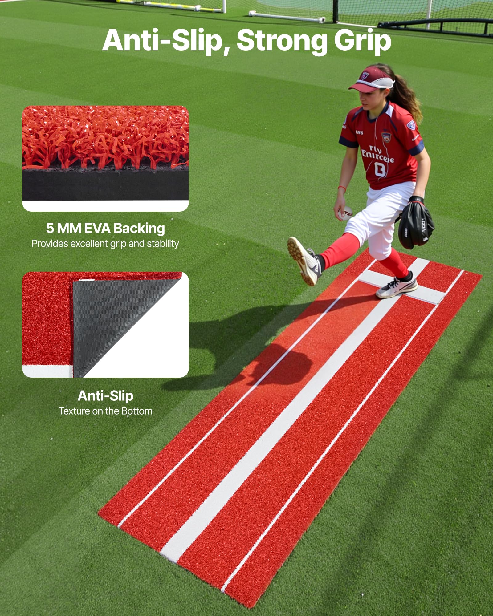VEVOR Tappetino da lancio per softball/baseball con tumulo in gomma, anti-scolorimento e retro in schiuma antiscivolo, portatile, per allenamento Fastpitch per allenamento al chiuso e all'aperto, 3 x