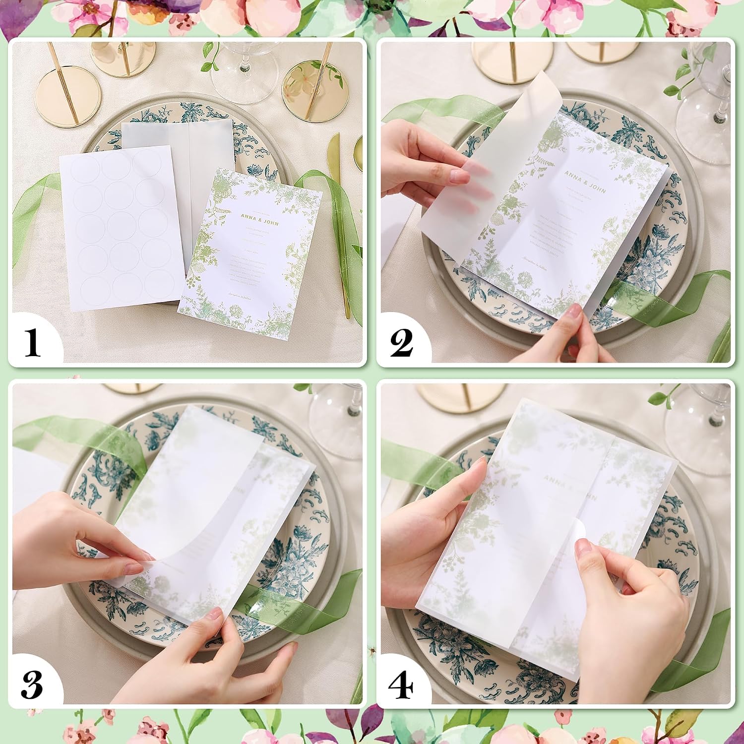 120 Pcs Pre-Folded Vellum Jackets for 5x7 Invitations - Bulk Transparent Paper Envelope Liners with 120 Sealing Stickers for Wedding Birthdays Baby Showers Invitations PAP10MX3