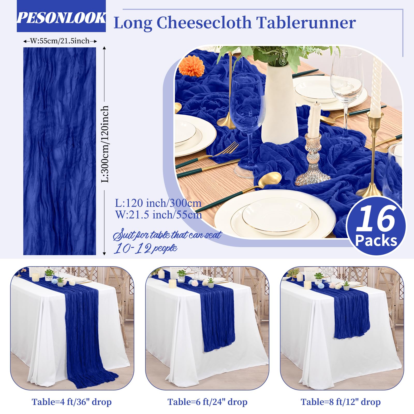 16 Pack Gauze Cheesecloth Table Runner 10ft Long Royal Blue Gauze Boho Wedding Table Runners 21.5 x 120 Inch for Wedding,Bridal Shower,Party,Banquet Decoration - Image 2
