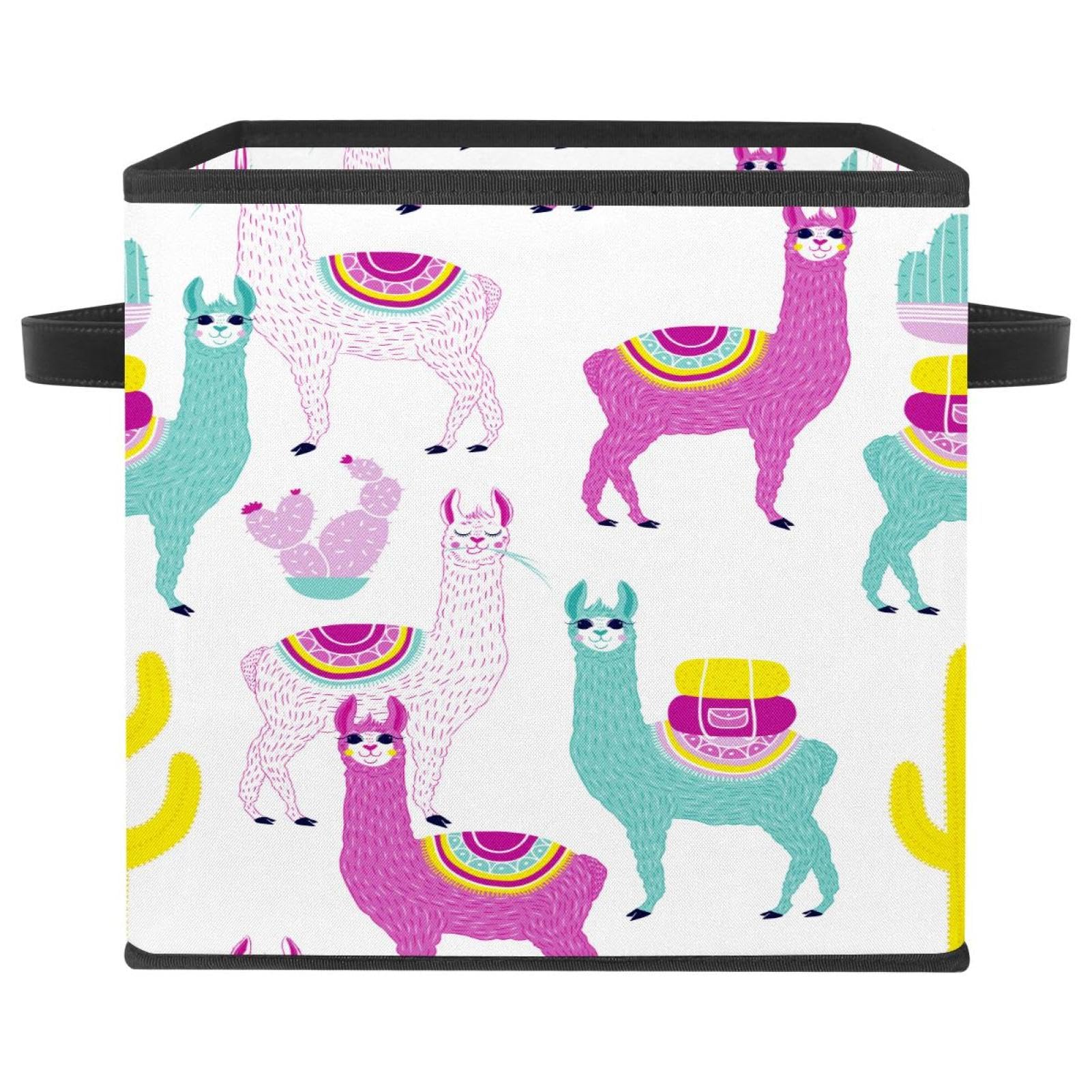 Boîte de rangement pliable motif lama blanc en tissu cube avec poignées pour vêtements et placard