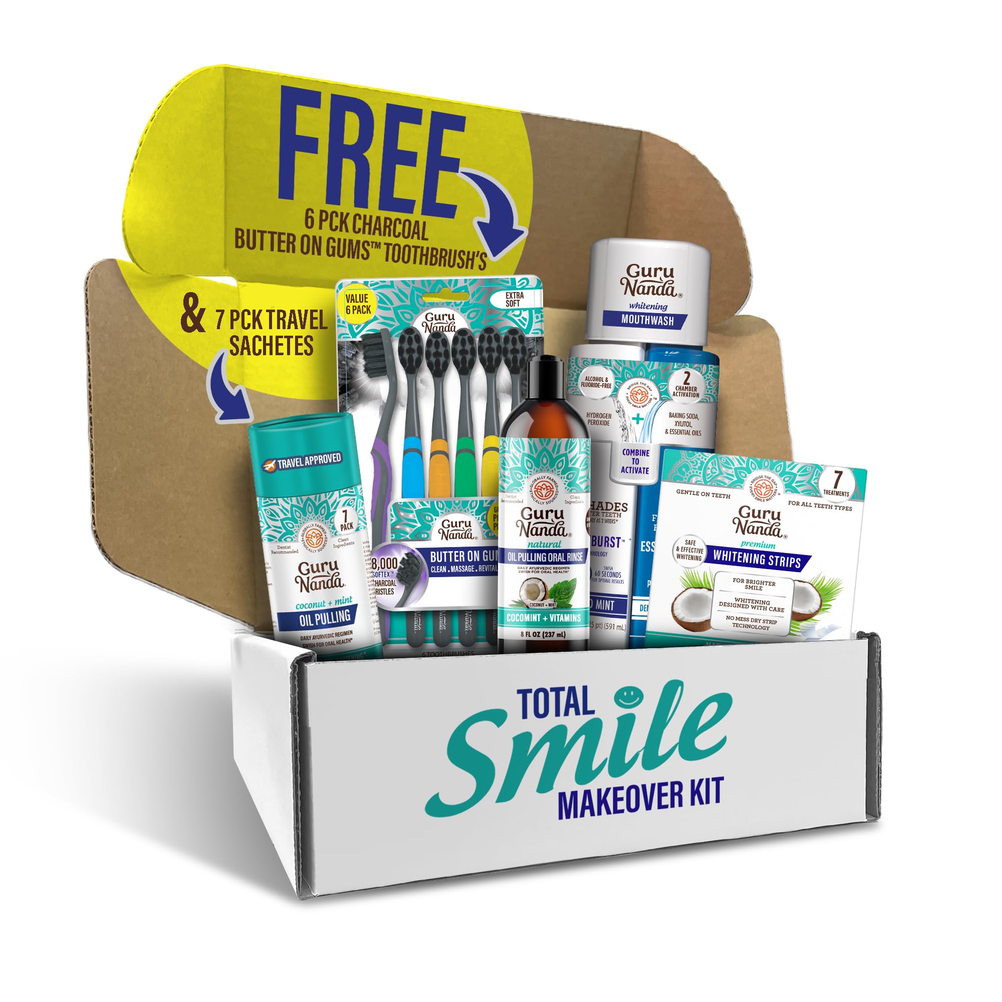 Total Smile Makeover Kit Charcoal with Cocomint Oil Pulling, Dual Barrel Whitening Mouthwash, Whitening Strips & Charcoal Butter on Gums Toothbrushes