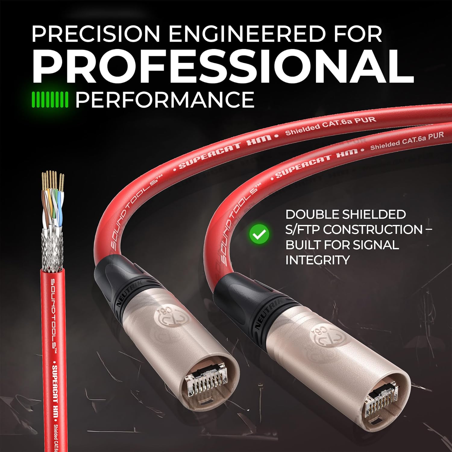 Sound Tools SuperCAT XM Festival Grade Shielded CAT6a etherCON Cable – Double Shielded S/FTP Rugged Polyurethane Jacket – AES50 Dante AVB Milan Madi Compatible – High Visibility Red 60m