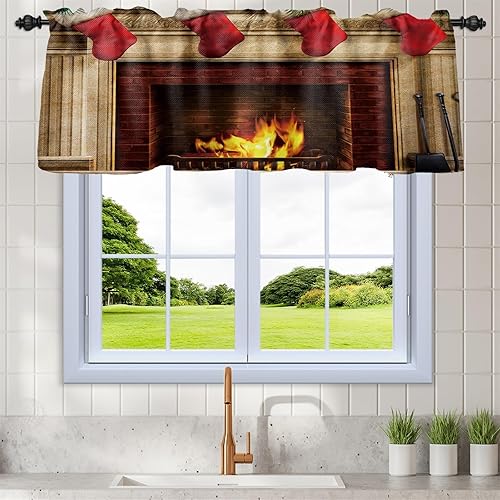 Miniatura 13 de Renaiss Cortinas de ventana de cocina para chimenea, 52 x 18 pulgadas, calcetines rojos de Navidad, decoración de ventana pequeña, decoración