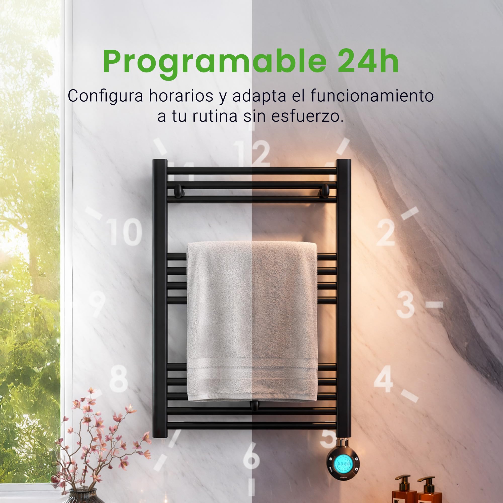 ROINTE Calientatoallas Elba Plus, Secatoallas Eléctrico Digital 19 Tubos, Acero, Blanco RAL 9016, 121.5x50x9.5 cm, 500W, Panel LCD Táctil