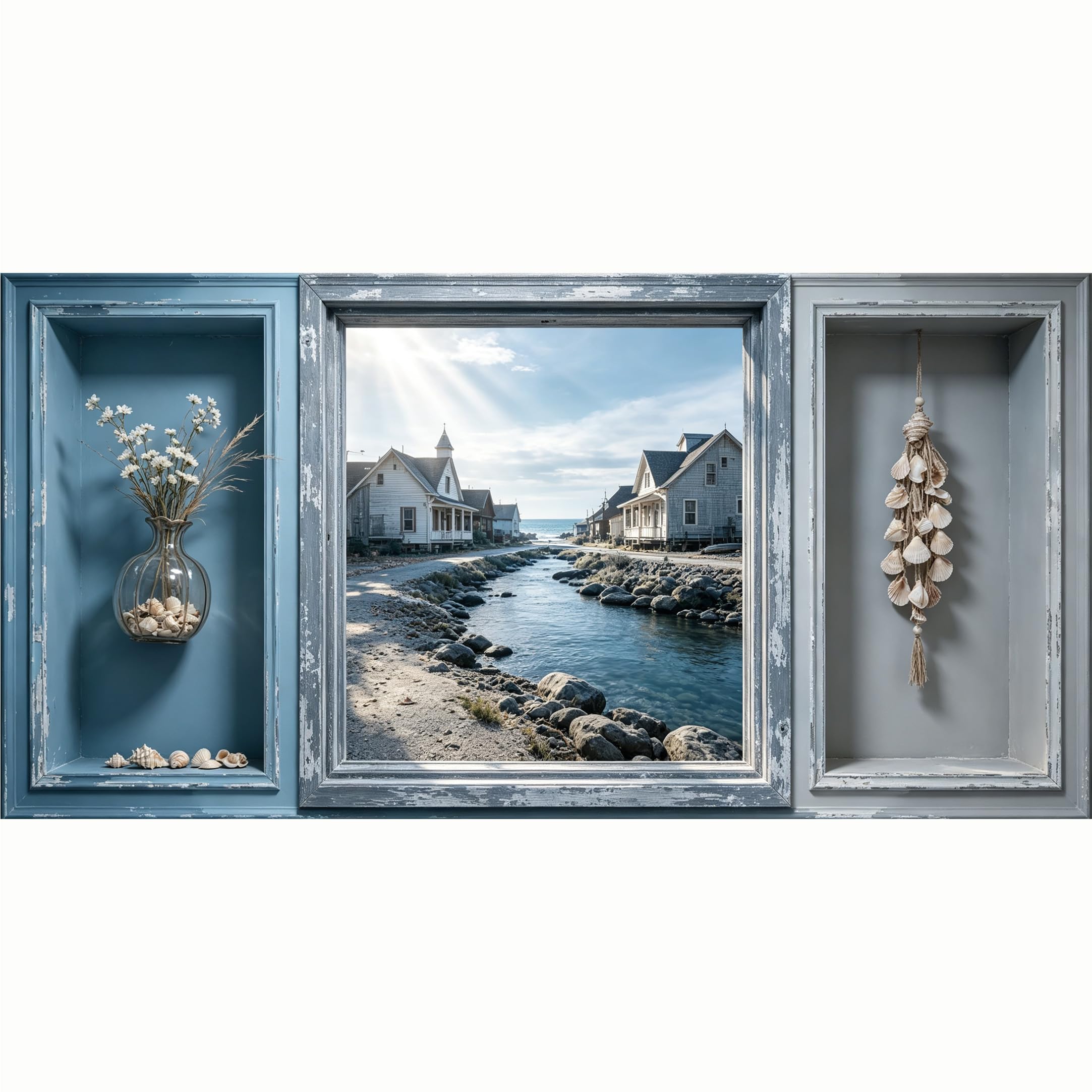 QZLITHOTIC 50x100cm 3D Framed Wall Art， Coastal Village Seascape Watercolor Self‑Adhesive Mural， Water‑Activated Peel & Stick Fabric Decor Wall Decal for Bedroom Living Room