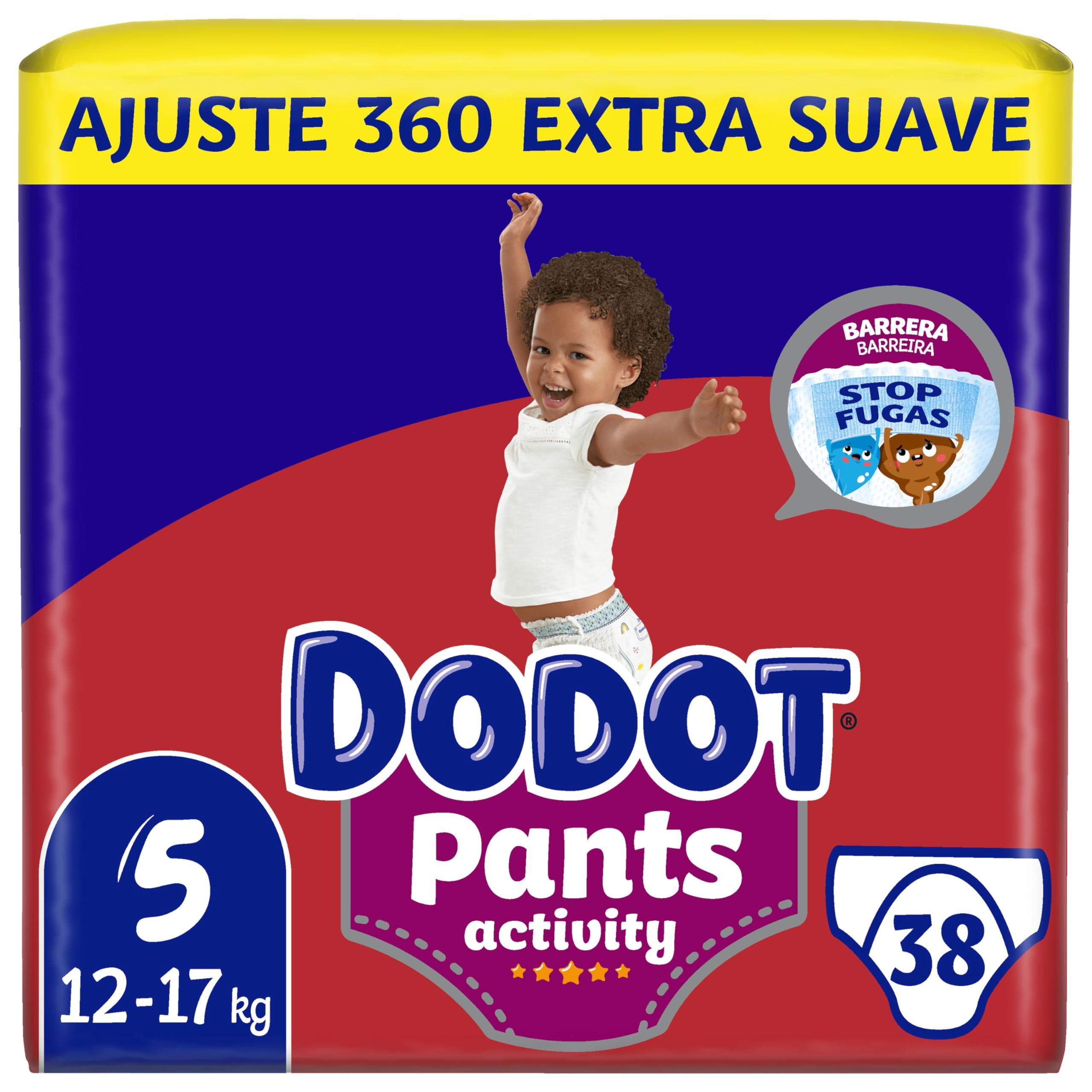 Dodot Activity Pants Pañal-​Braguita Talla 5, 38 Pañales, 12kg-​17kg, Con Barrera STOP Fugas Que Ayuda A Prevenir Fugas Traseras