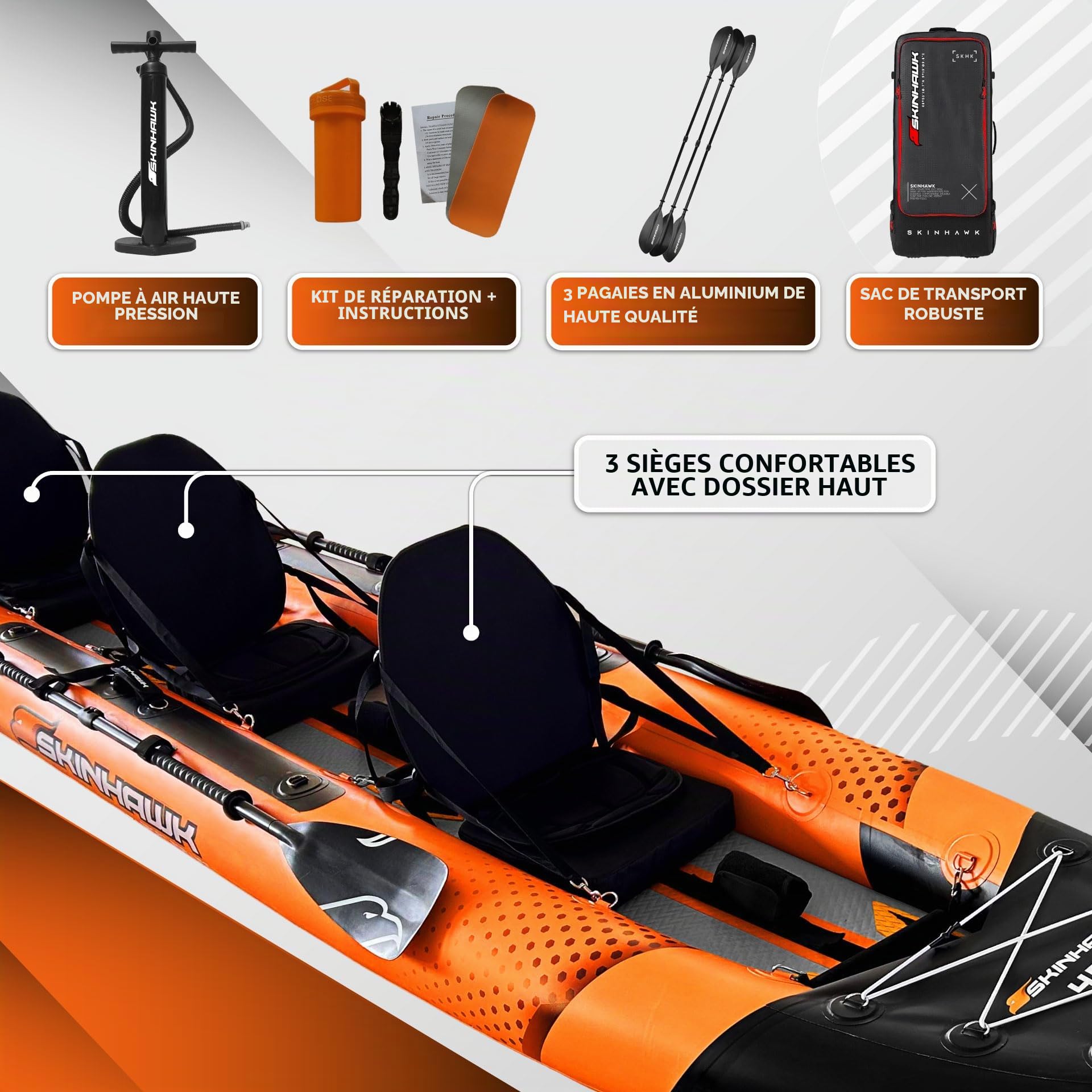 SKINHAWK Exclusiv Orange Kayak Set 480 - Bateau pneumatique - Canoë - 480 x 96 cm - Kayak pour 3 personnes