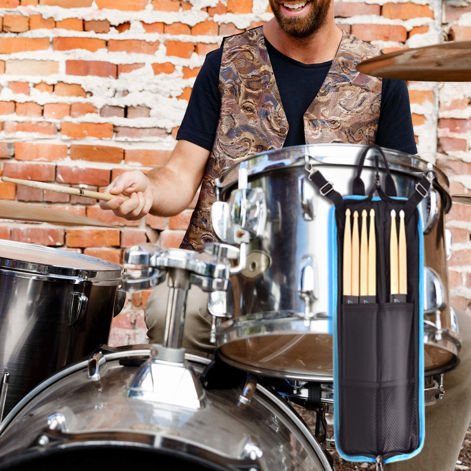 EASTROCK Drumsticks Tasche mit 3 Paar Drumsticks, Floor Tom Haken, Tragegurt für Drumsticks, Drumkeys, Drumdrahtbürsten, Schlägel schwarz
