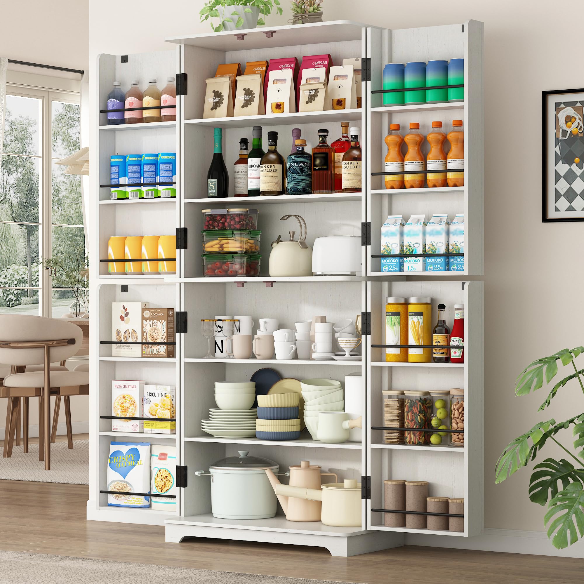 jiteentarou 72” Tall Kitchen Storage Pantry, 31.5”W Modern Cabinet Wood Cupboard with Storage Shelves, Pantry Cabinet with 4 Doors for Kitchen, Dining