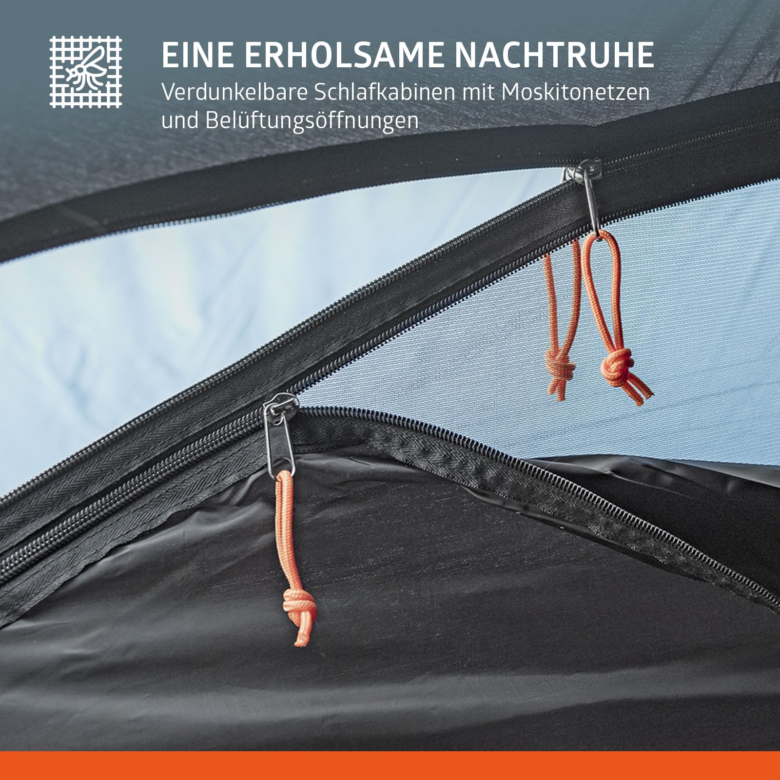 Campout 6-Personen Vis-à-Vis Kuppelzelt – 2 Schlafkabinen – 5000 mm Wassersäule – Wohnbereich – Aufbauzeit 15 Min – inkl. Vordachstangen, Heringen & Tragetasche