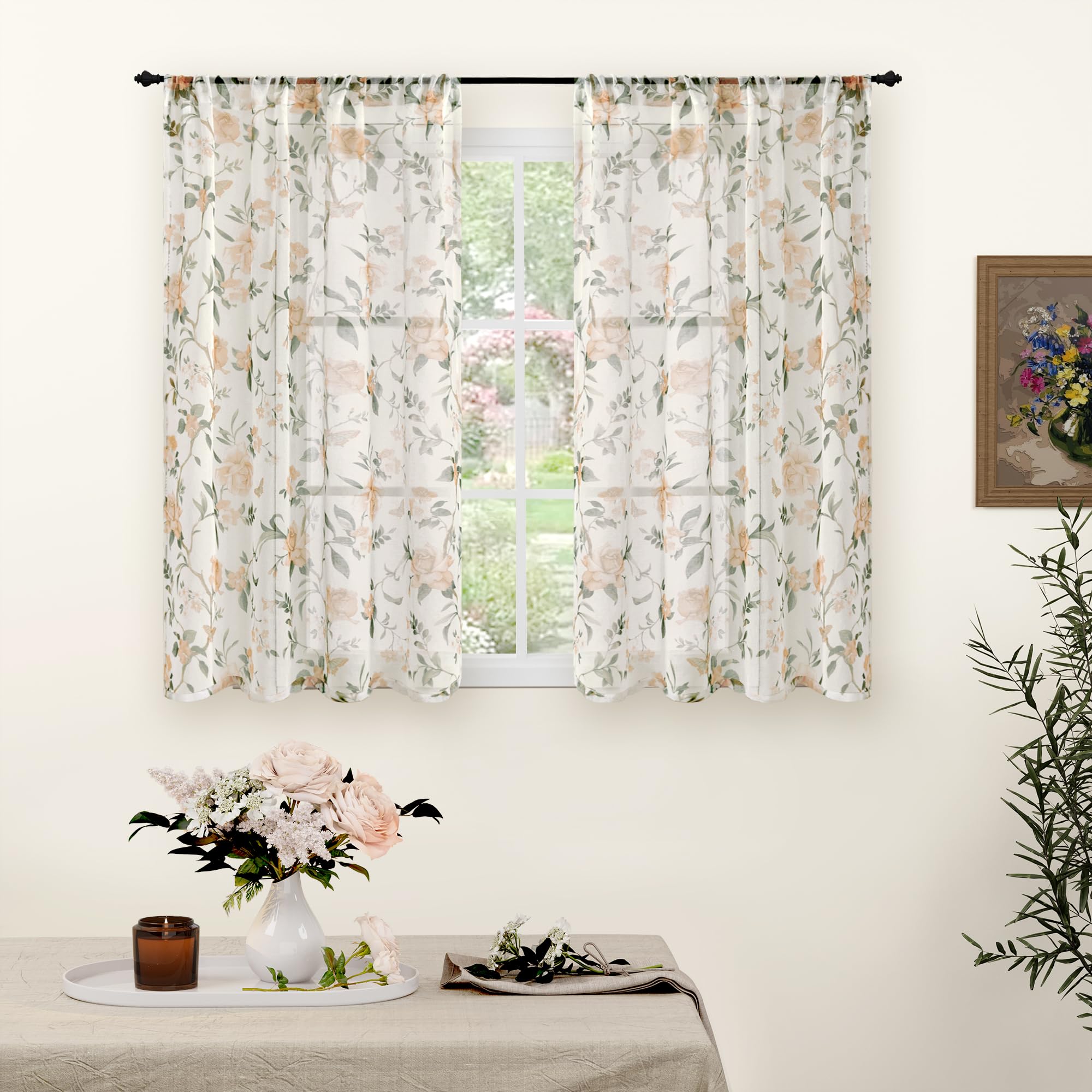 Lajode Sheer Curtains 45 Inch Length 2 Panels, Floral Patterned Linen Look Semi-Sheer Light Filtering Farmhouse Curtains for Bedroom Window, Rod Pocket, Champagne Beige, Each 52 Inch Wide โ image 1