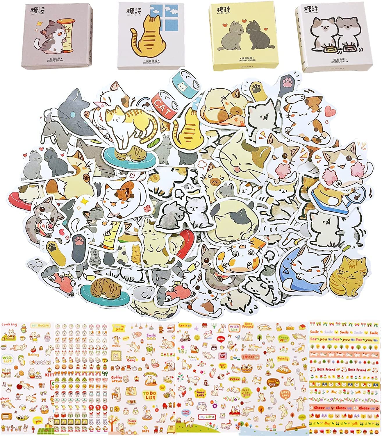 Calcomanías Washi de gato lindas calcomanías para laptop, (180 piezas + 6 hojas), decoración de bricolaje, calcomanías de gatos kawaii súper lindas para laptop, planificador, cuadernos, álbum