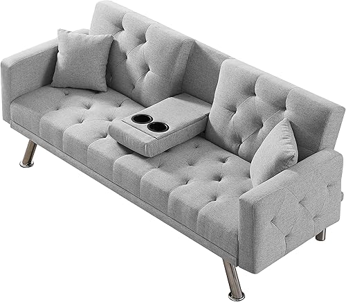 Eafurn Sofá cama futón tapizado de terciopelo, sofá biplaza convertible con respaldo ajustable y patas de metal, sofá y sofás con botones para