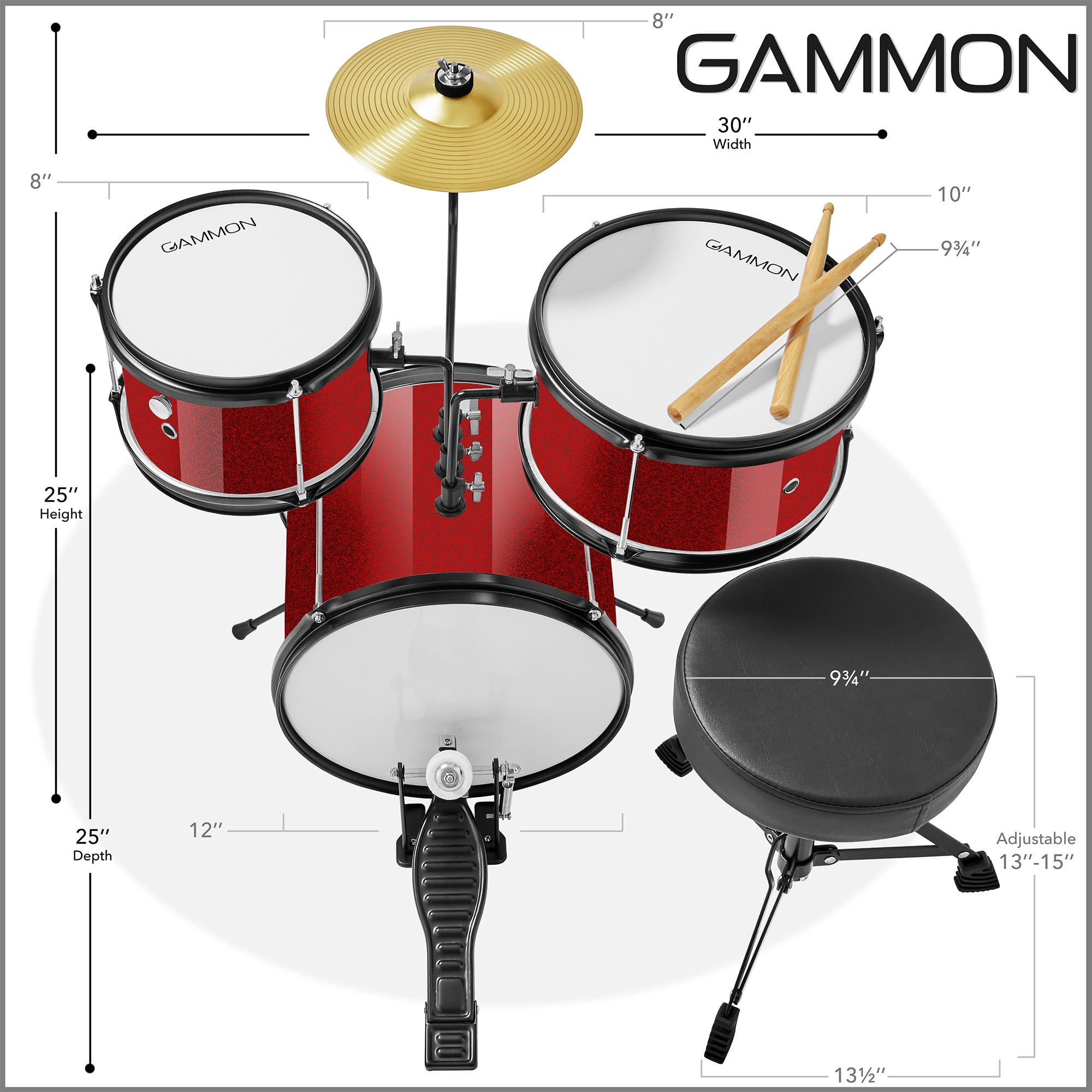 Amazon.co.jp: Gammon ジュニアドラム3点セット 玉座付き 赤 初心者 