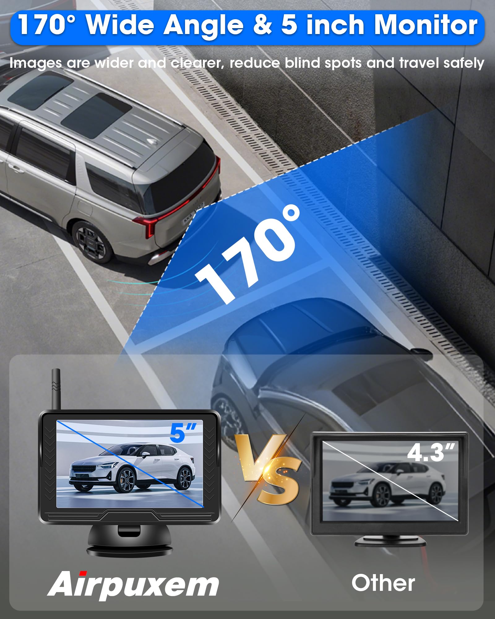 AHD 1080P Rückfahrkamera Kabellos mit 5 Zoll Monitor 6 LED Nachtsicht 170° Weitwinkel DC 12V Auto SUV LKW