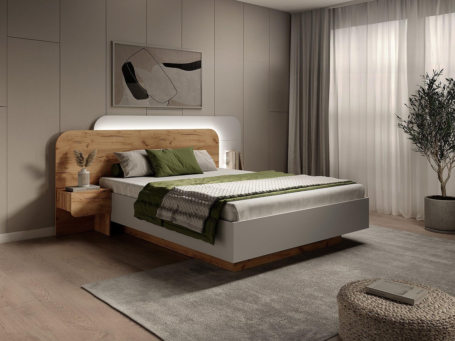 Vente-unique DESADO Storage Bed with Nightstands and LEDs, assembled in a bedroom setting.