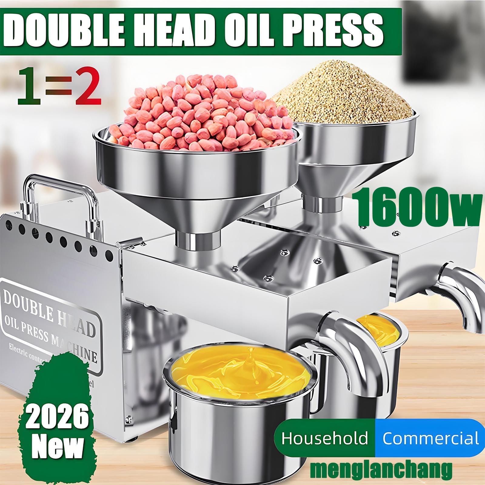 Doppelkop-öLpresse,Zwei AusläSse, Edelstahl-öLpresse FüR ErdnüSse, Mandeln, Sesam, Sonnenblumenkerne, Hohe Ausbeute Und GeräUscharm
