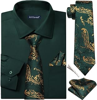Men's Dress Shirt and Tie Set Long Sleeve Button Down Shirts | Mens Business Casual Shirt with Matching Tie,Pocket Square,Tie Clip,Regular Fit,Wrinkle-resistant,Formal,Wedding,with Pocket