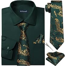 Mens Dress Shirt with Tie Pocket Square Classic Button Down Shirt Solid Long Sleeve Shirts and Matching Tie Set