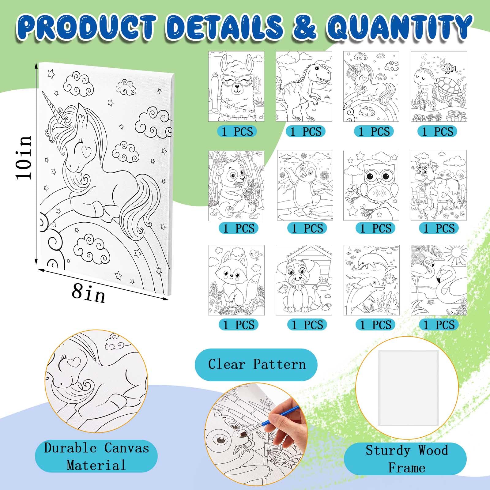 Ctosree 12 Pcs Pre Drawn Canvas for Painting for Boys Girls Pre Printed Cute Bulk Painting Canvas with Pictures to Paint Gift for Valentines Party Favor Activities(Animals,10" X 8")