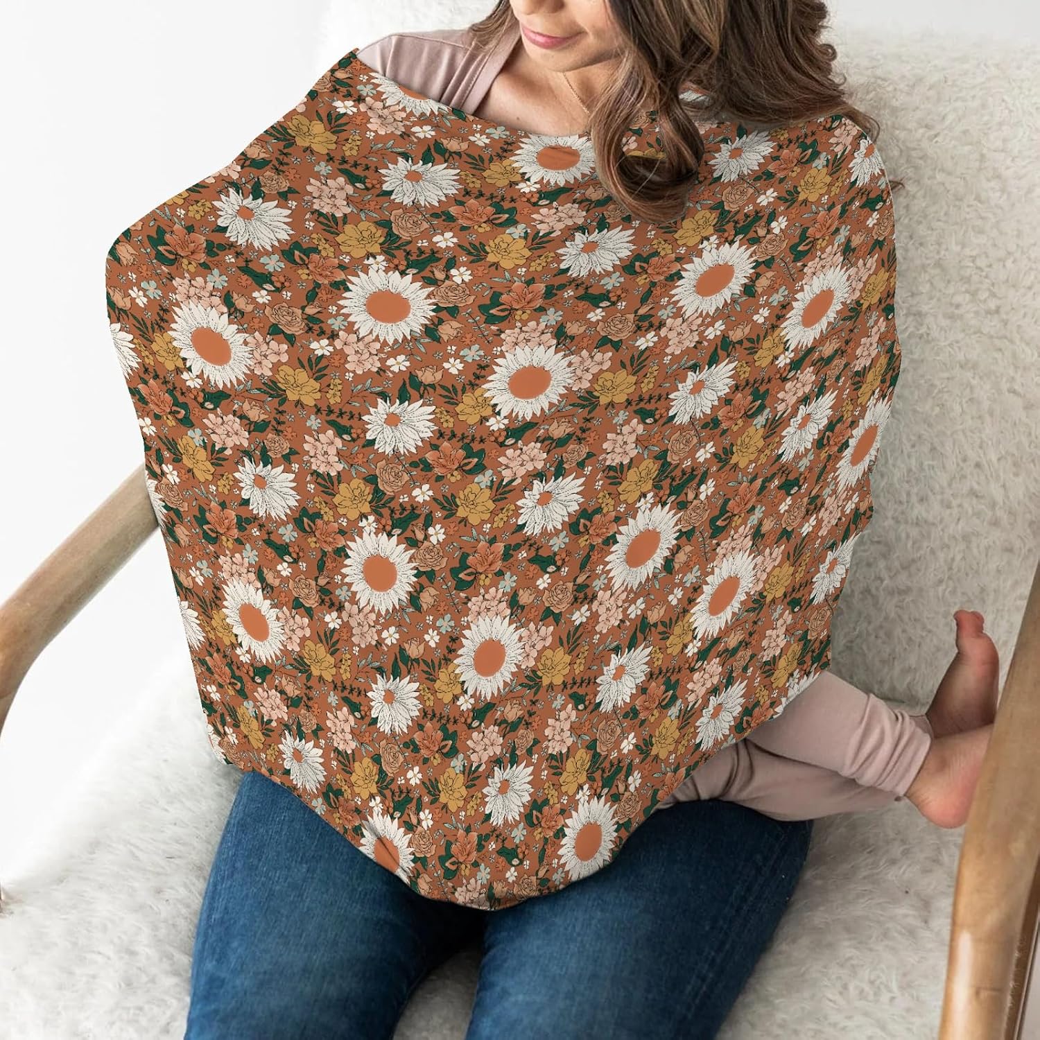 Vintage Wildflowers Car Seat Cover for Babies Retro Blossoms Boho Floral Leaves Stretchy 5-in-1 Cover Adjustable Car Canopy Cover Spring Summer Breathable Nursing Cover-Up