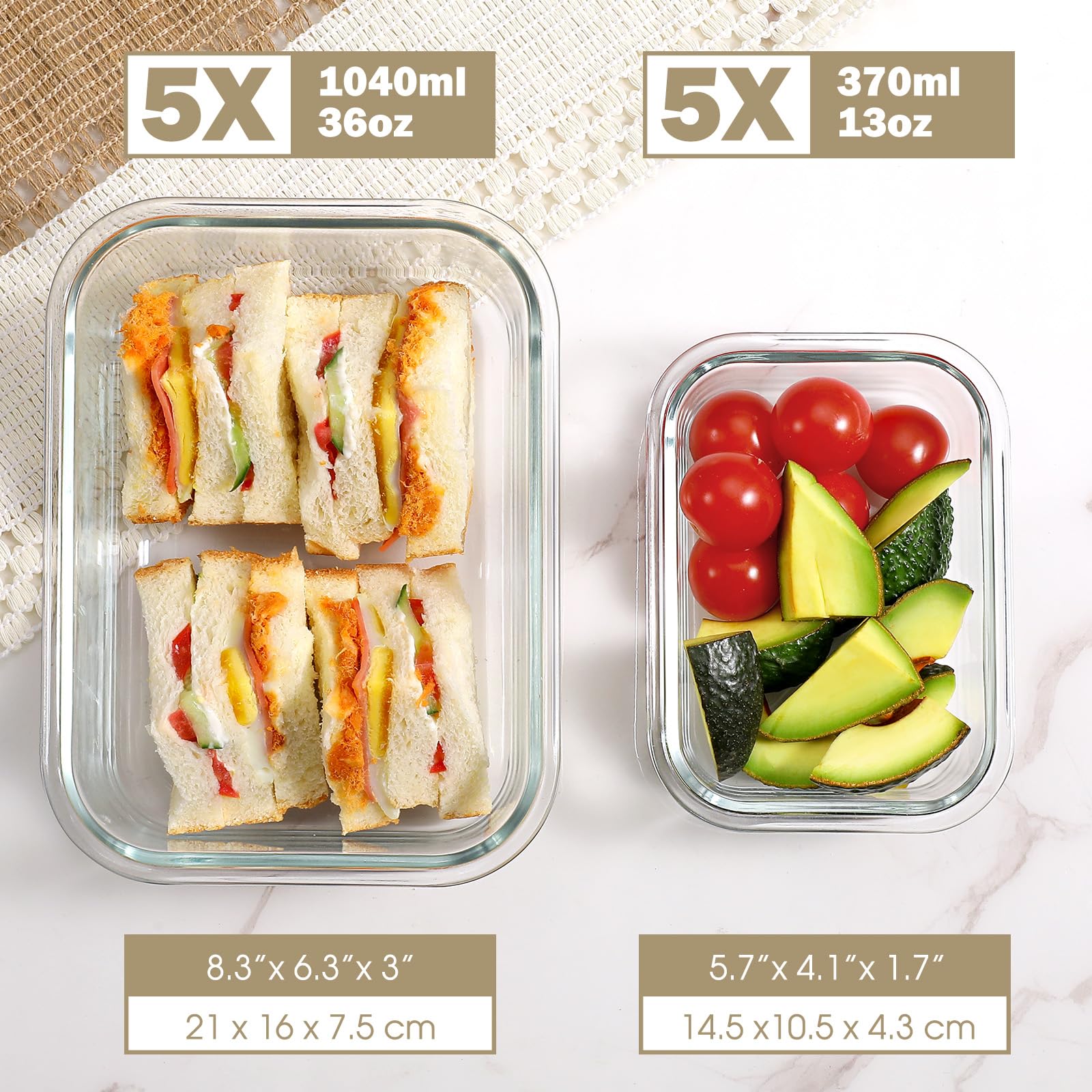 YASHE Set 10 Contenitori Vetro per Alimenti con Coperchi Ermetici, Senza BPA, Adatti a Microonde, Forno, Frigo e Congelatore, per Meal Prep, Bianco
