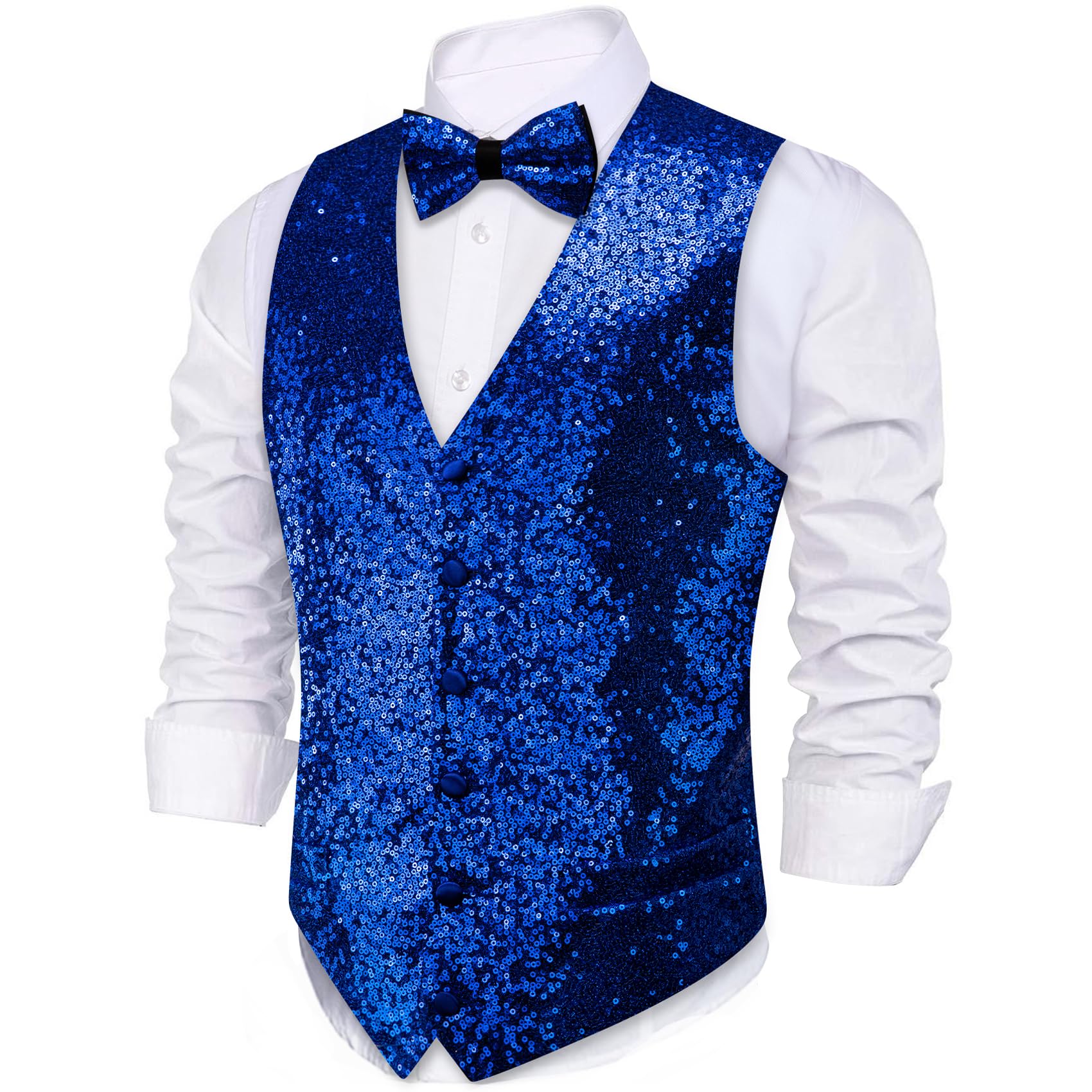 Barry.Wang Mens Shiny Sequin Vest Leisure/Casual V-neck Waistcoat Bowtie Set with pockets Festival Party 2PCS