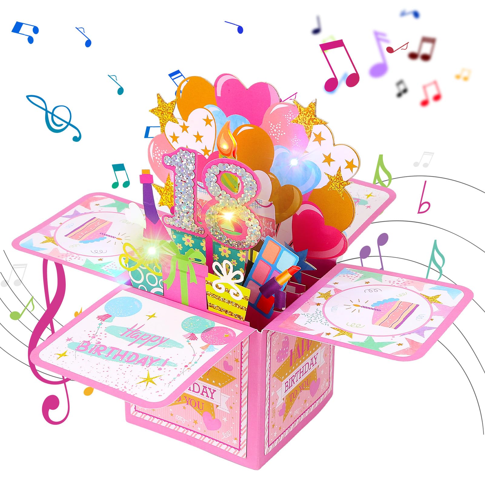 3D 18th Birthday Card with Music and Blowable LED Lights Candle,18th Birthday Musical Pop up Greeting Cards 18 Year Old Gift for Girls Women Daughter Pink
