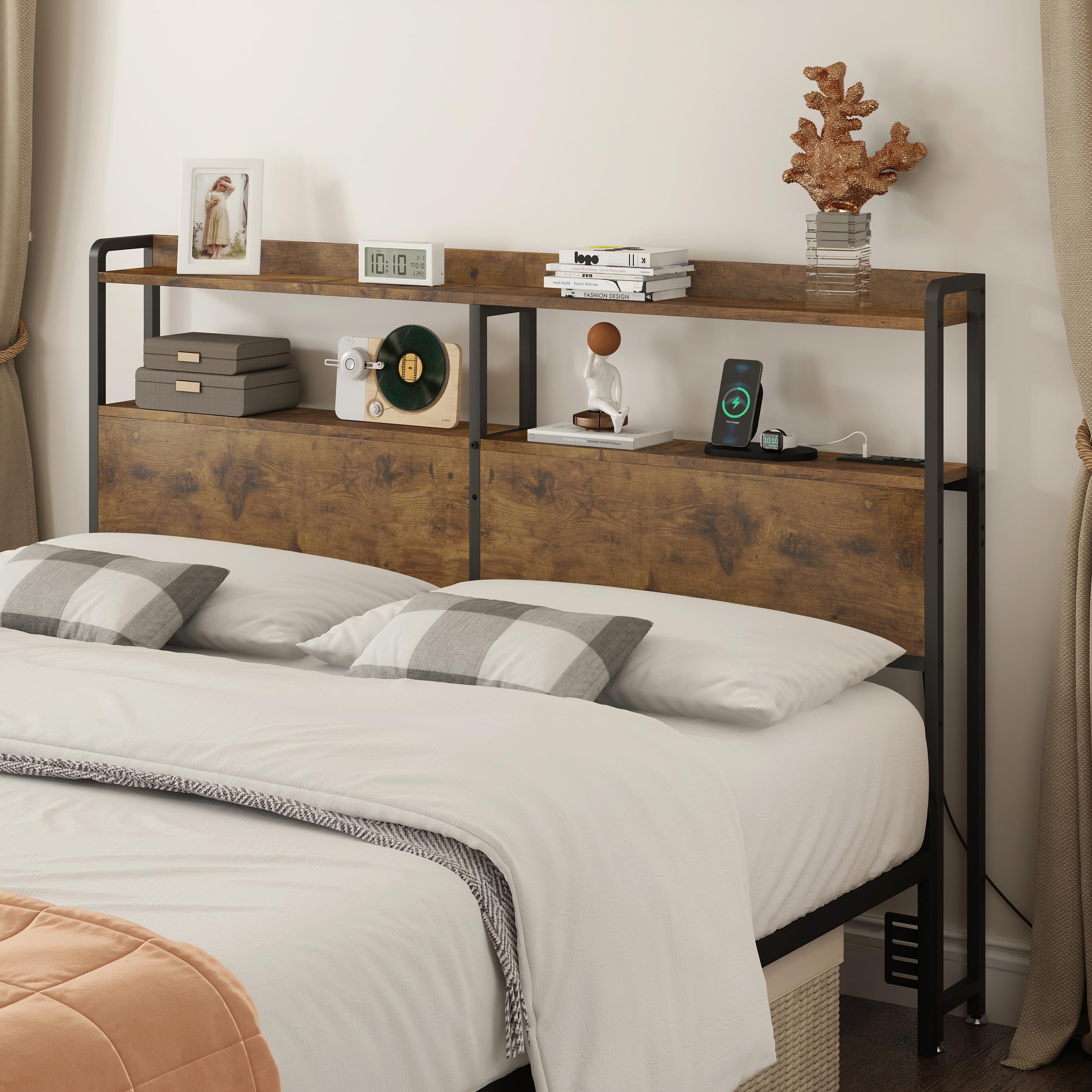 Headboard for Queen Size Bed Frame with Storage, Height Adjustable, Headboards with Outlets, USB Ports, Type-C, LED Light, Sturdy and Stable Headboard, Queen Size,Bed Frame NOT Included