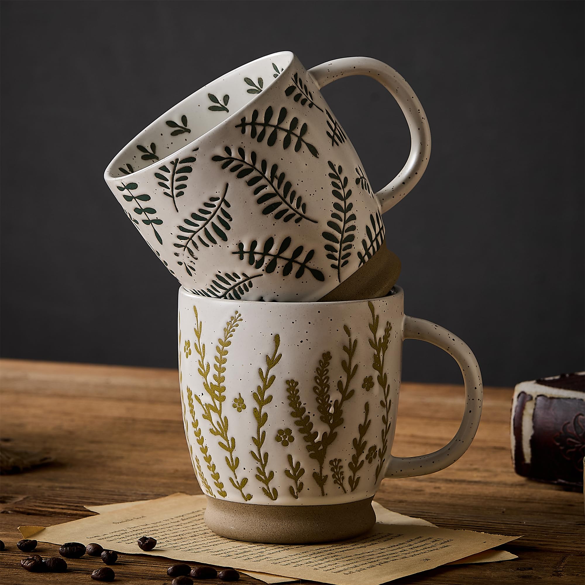 Juego de 2 tazas de café grandes de cerámica de 18 onzas, tazas florales rústicas hechas a mano con asa, aptas para microondas para café con leche, café, café, cacao, leche, tazas grandes modernas y