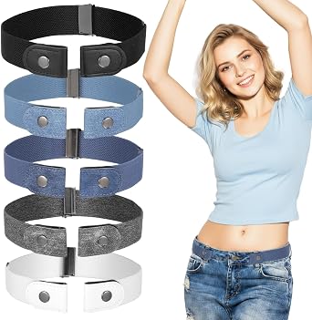 5 Pcs No Buckle Belts for Women, Adjustable Belt No Buckle Invisible Stretch, Elastic Belt for Women Invisible Stretch Belts for Men Jeans Pants