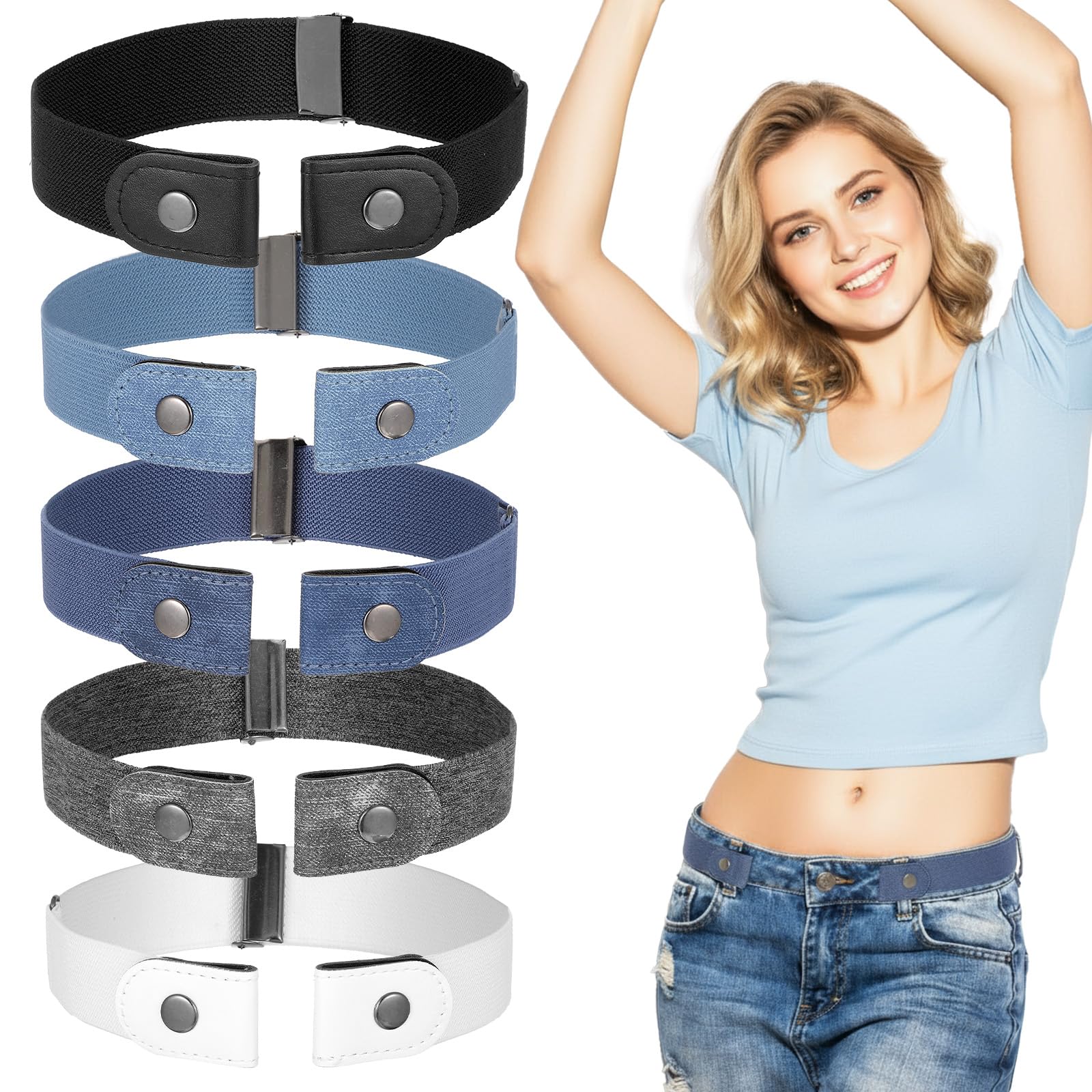 5 Pcs No Buckle Belts for Women Adjustable Belt No Buckle Invisible Stretch Elastic Belt for Women Invisible
